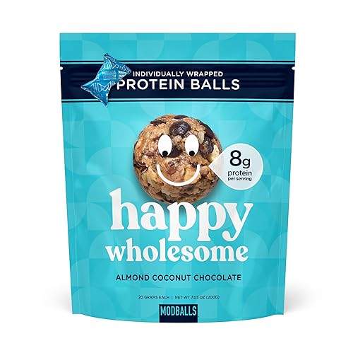Happy Wholesome Almond Coconut Chocolate Protein Balls, 10 Count, 7.05oz Bag, 8g Protein per Serving, Individually Wrapped, Gluten Free Snack