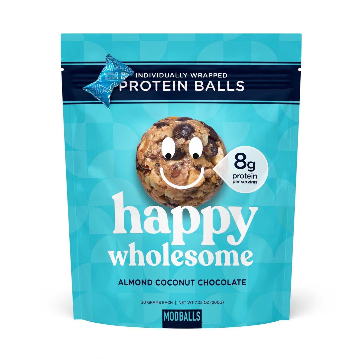 Happy Wholesome Almond Coconut Chocolate Protein Balls, 10 Count, 7.05oz Bag, 8g Protein per Serving, Individually Wrapped, Gluten Free Snack