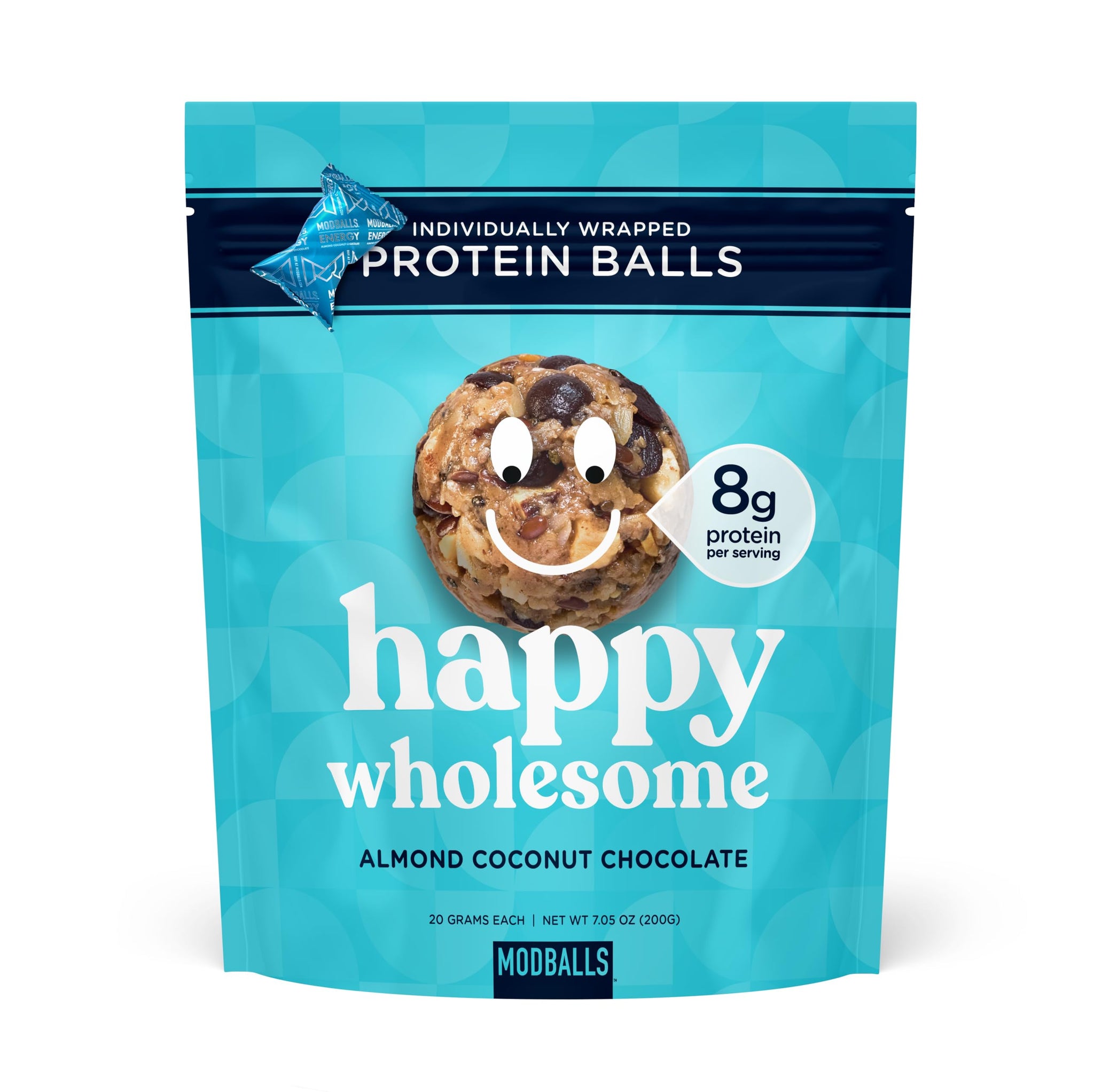 Happy Wholesome Almond Coconut Chocolate Protein Balls, 10 Count, 7.05oz Bag, 8g Protein per Serving, Individually Wrapped, Gluten Free Snack