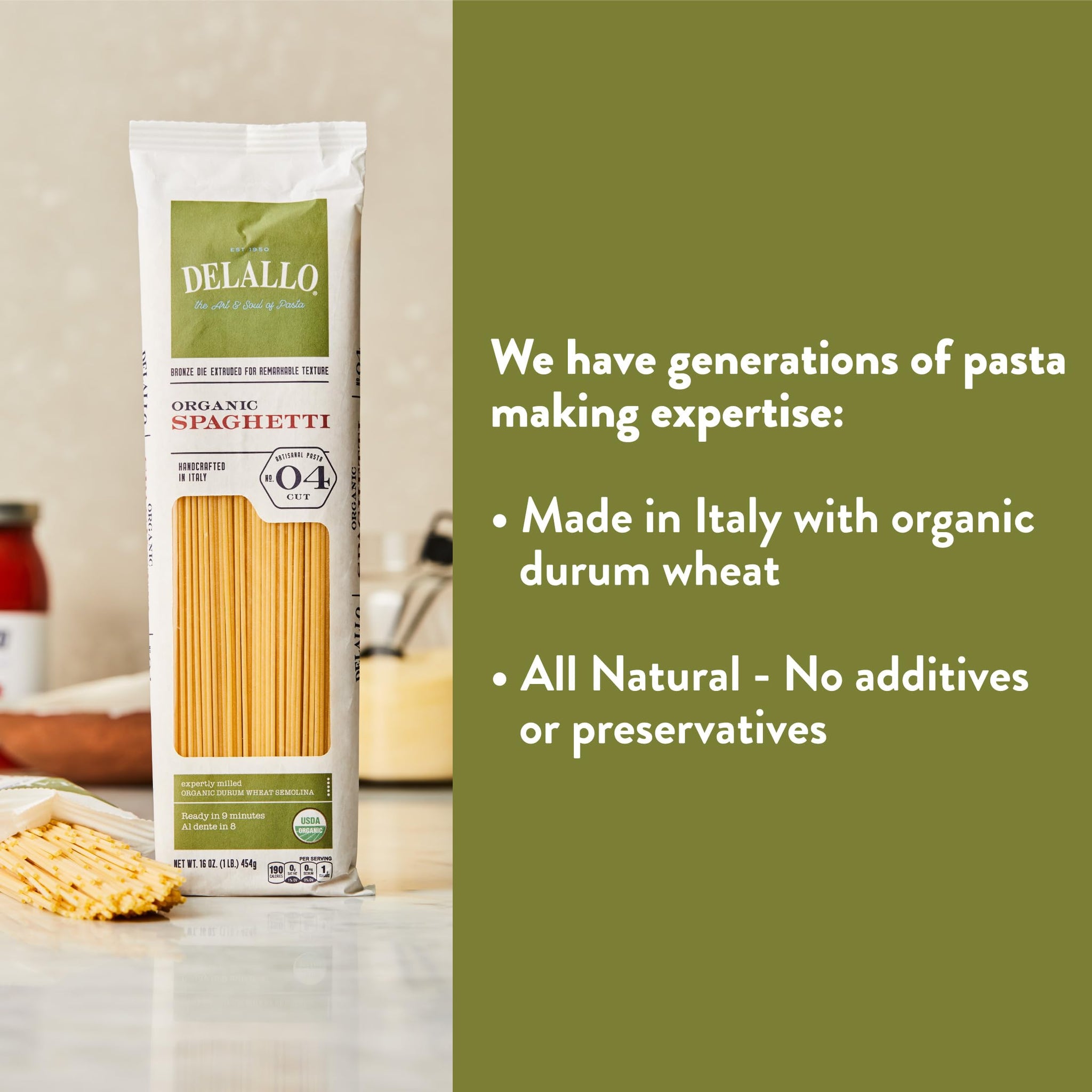 DeLallo Organic Spaghetti Pasta, Made in Italy with 100% Certified Organic Semolina Durum Wheat Flour, Bronze Cut, Non-GMO, Kosher, Vegan, 1 Pound