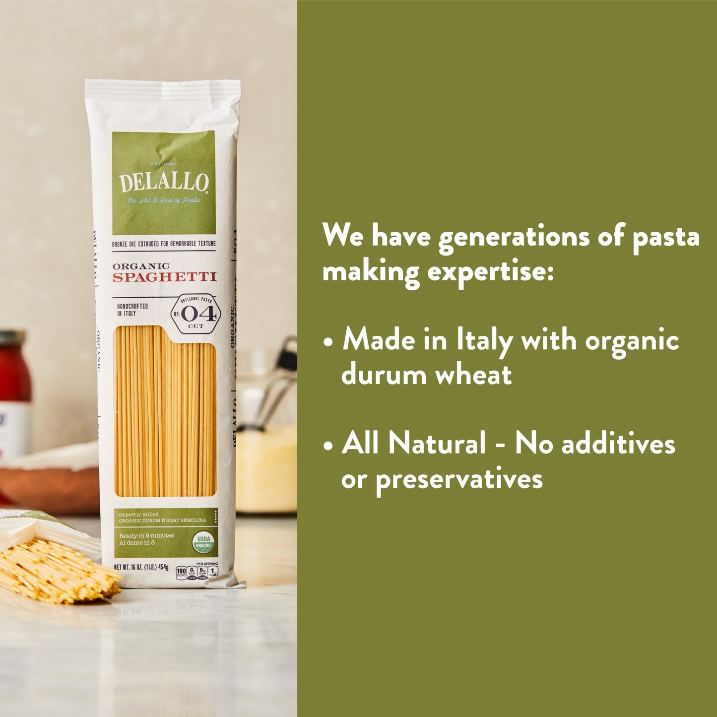 DeLallo Organic Spaghetti Pasta, Made in Italy with 100% Certified Organic Semolina Durum Wheat Flour, Bronze Cut, Non-GMO, Kosher, Vegan, 1 Pound