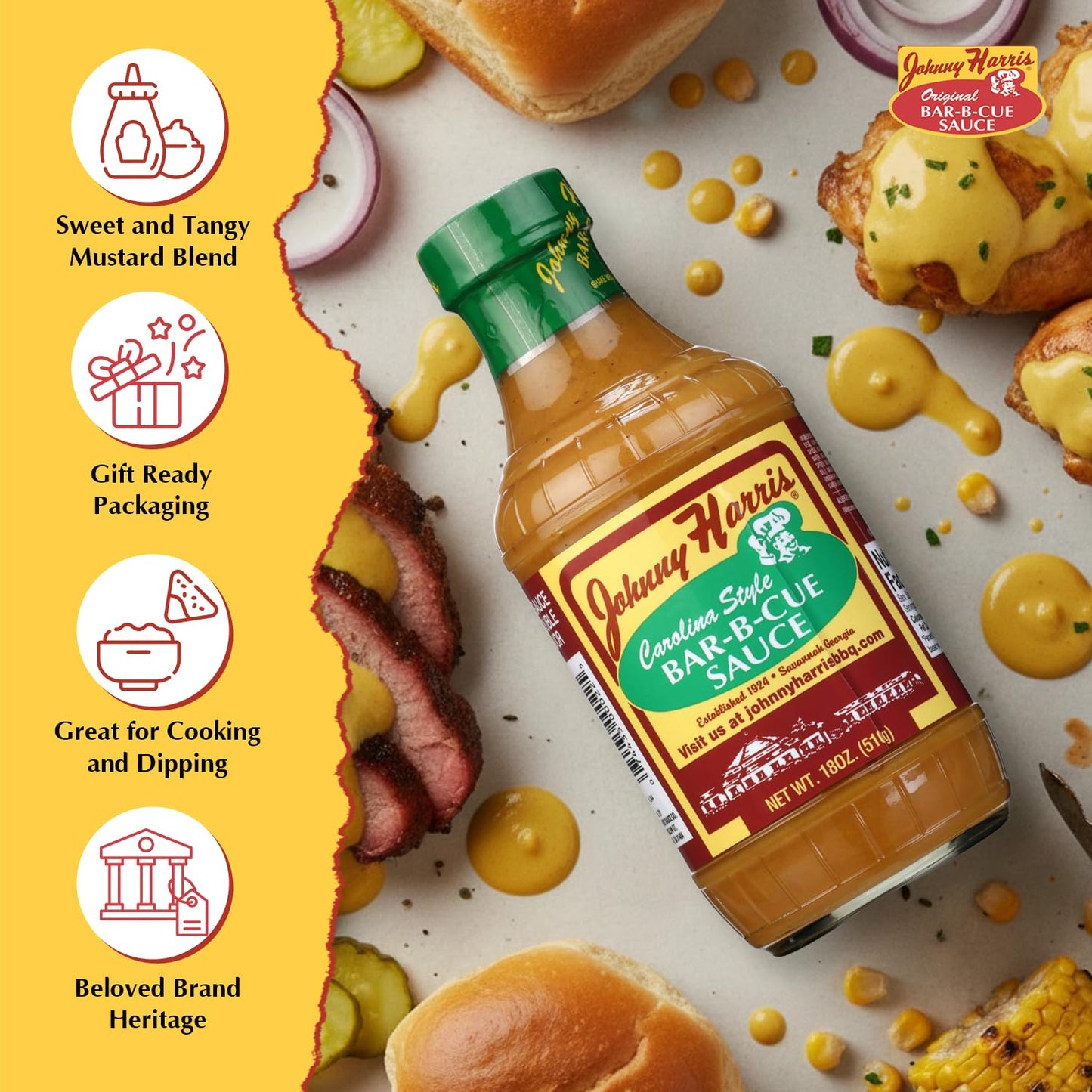 Johnny Harris Carolina Style Bar-B-Cue Sauce, Authentic Carolina Mustard BBQ Sauce, Tangy Mustard Grilling, Sweet and Gluten-Free Barbecue Sauce