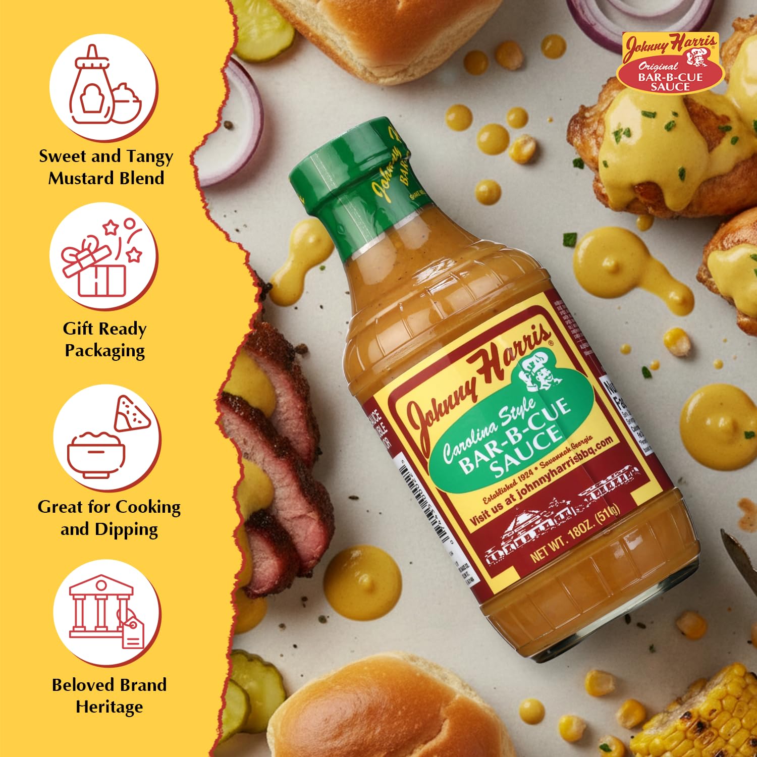 Johnny Harris Carolina Style Bar-B-Cue Sauce, Authentic Carolina Mustard BBQ Sauce, Tangy Mustard Grilling, Sweet and Gluten-Free Barbecue Sauce