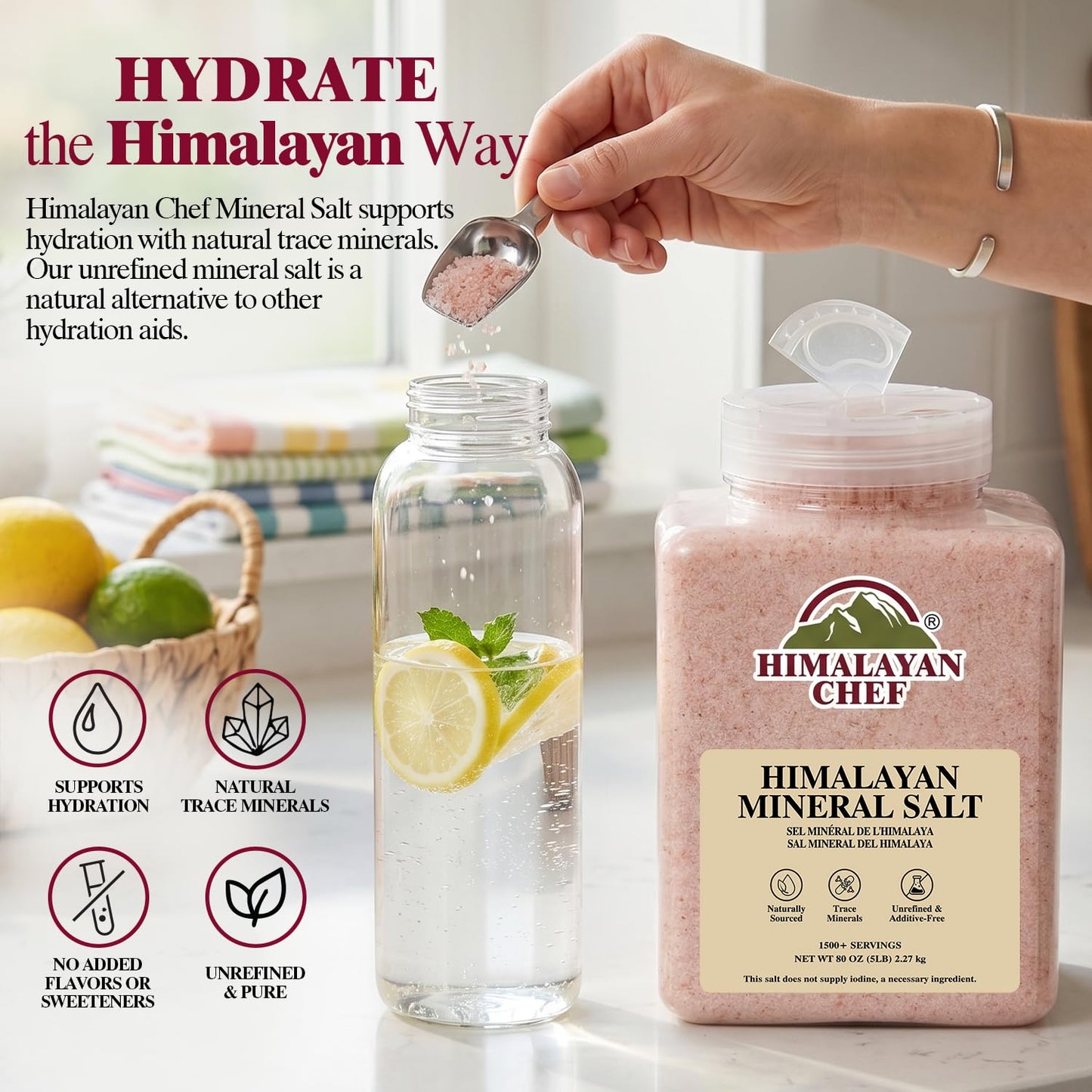 Himalayan Chef Mineral Salt, 5 lbs Plastic Jar - Natural Food Grade Salt for Cooking, Fine Grain, Bulk Kitchen Salt for Daily Use