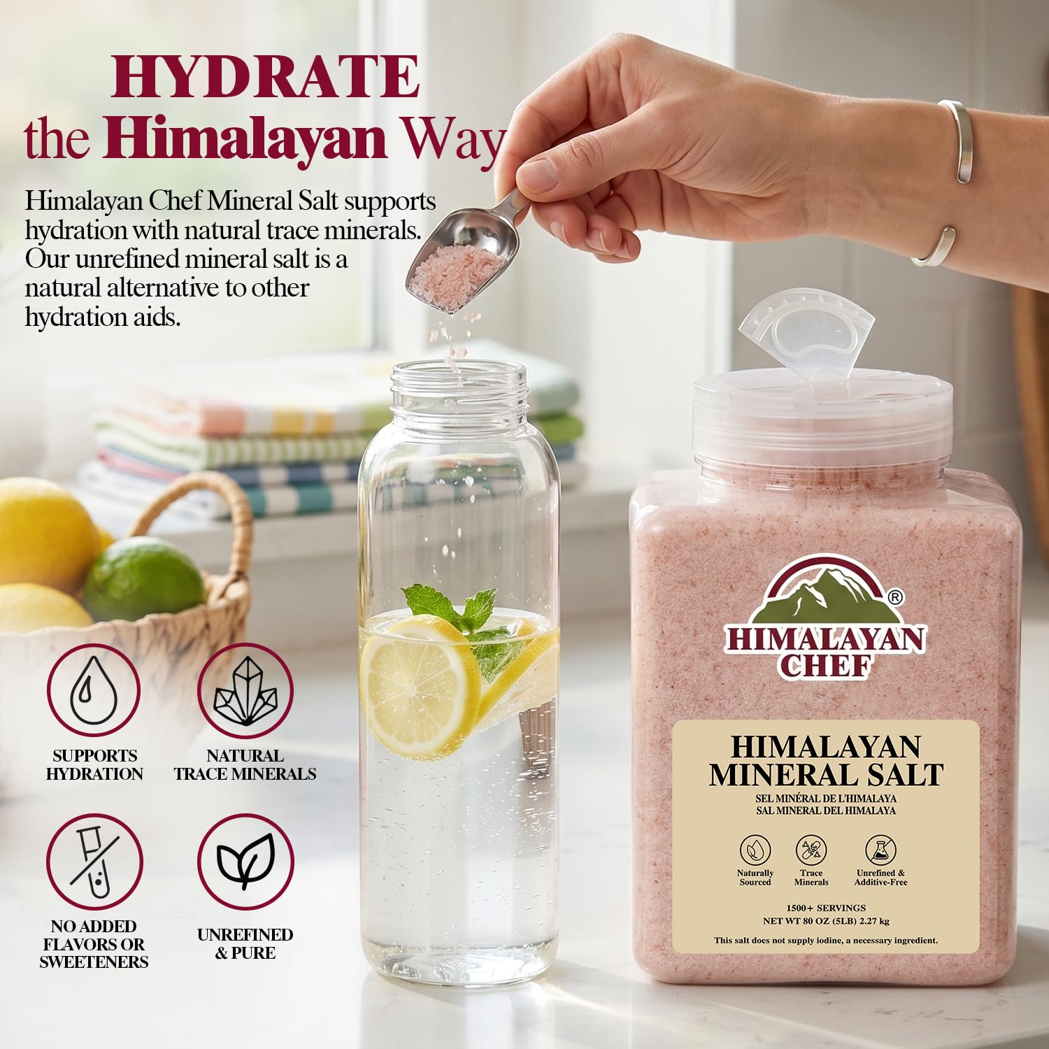 Himalayan Chef Mineral Salt, 5 lbs Plastic Jar - Natural Food Grade Salt for Cooking, Fine Grain, Bulk Kitchen Salt for Daily Use