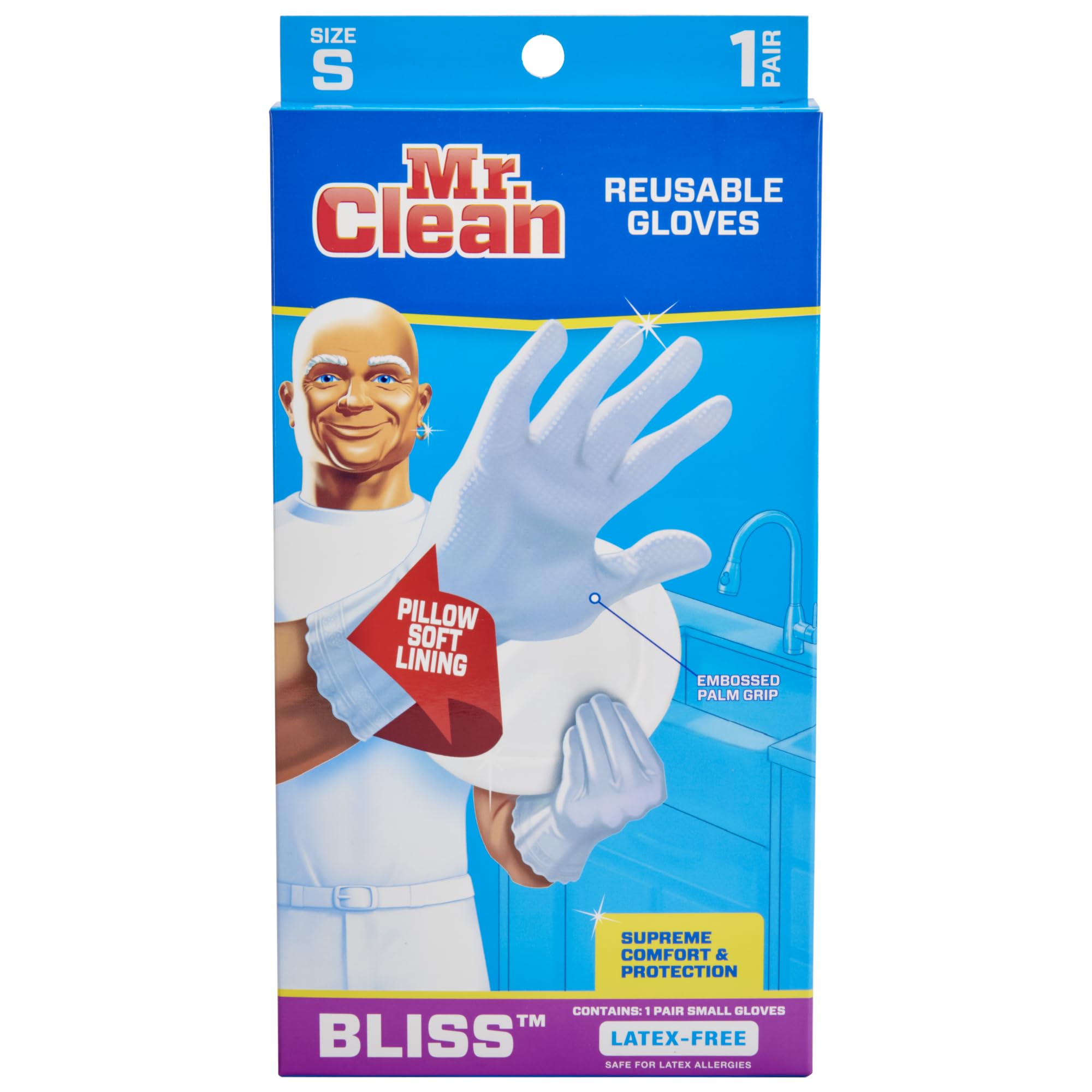 Mr. Clean, 243032 Bliss, Small Latex Free, Vinyl, Soft Ultra Absorbent Lining, Non- Slip Swirl Grip Gloves, (Small)