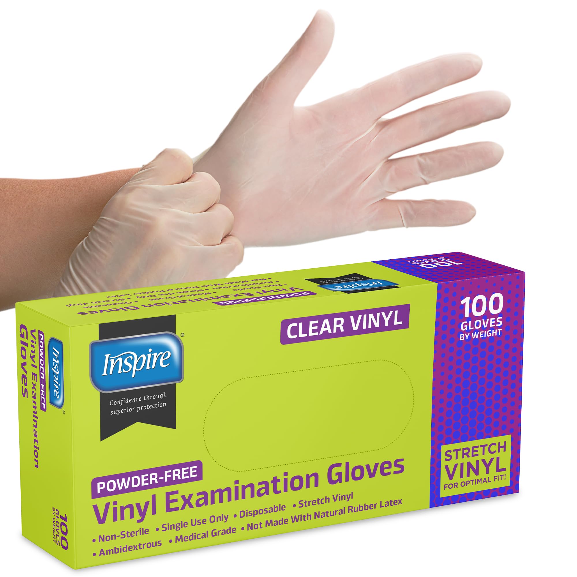 Inspire Exam Medical Clear Vinyl Disposable Gloves - Latex Free for Cleaning, Food Prep (100, Large)