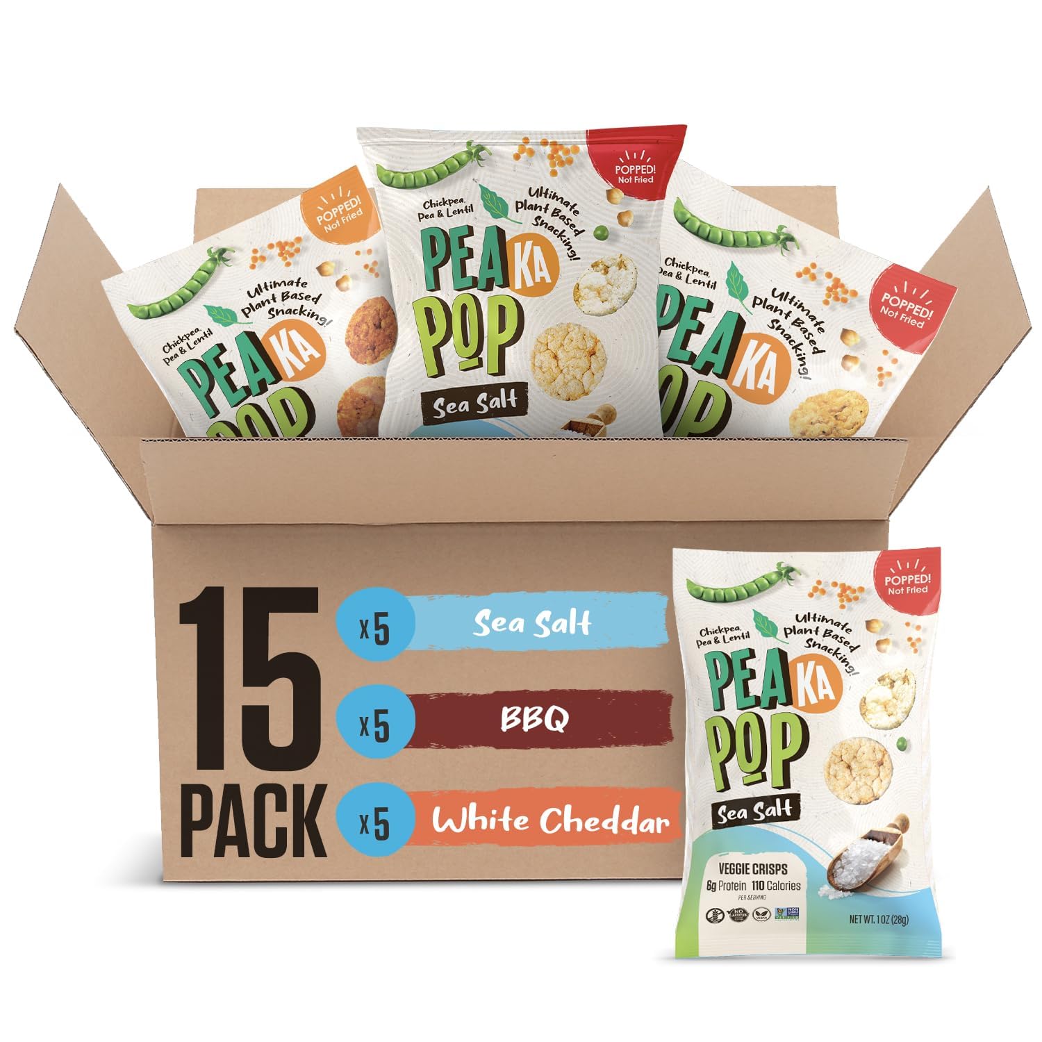 PeaKaPop Veggie Chips - Healthy Lentil Chips Snacks for Adults & Kids with Pea, Lentil & Chickpea Protein - Vegan, Gluten-Free Snack - Small Size 1 oz