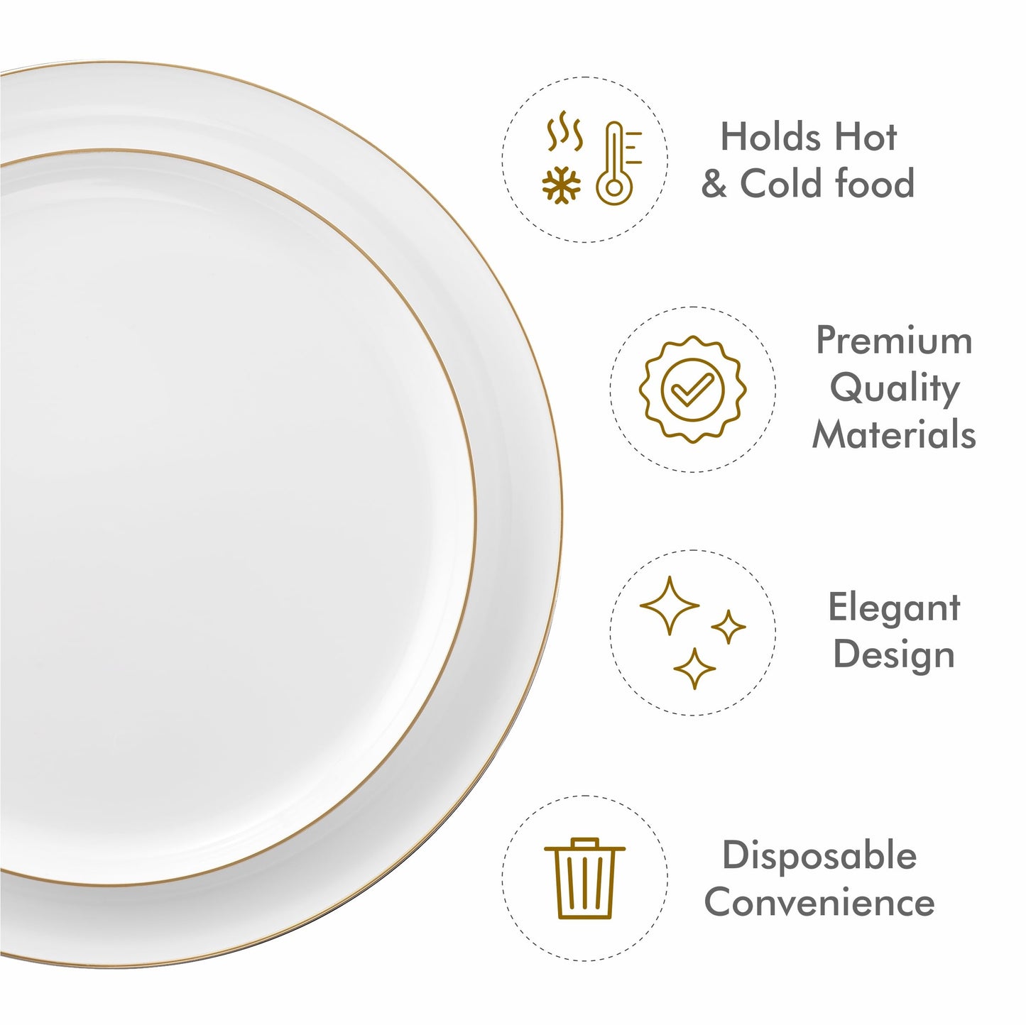 BloominGoods 50 PCS Disposable Plastic Plates For Party, 25 8.5 In. Appetizer Plates And 25 10.5 In. Dinner Plates, White With Gold Rim Plates