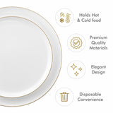 BloominGoods 50 PCS Disposable Plastic Plates For Party, 25 8.5 In. Appetizer Plates And 25 10.5 In. Dinner Plates, White With Gold Rim Plates