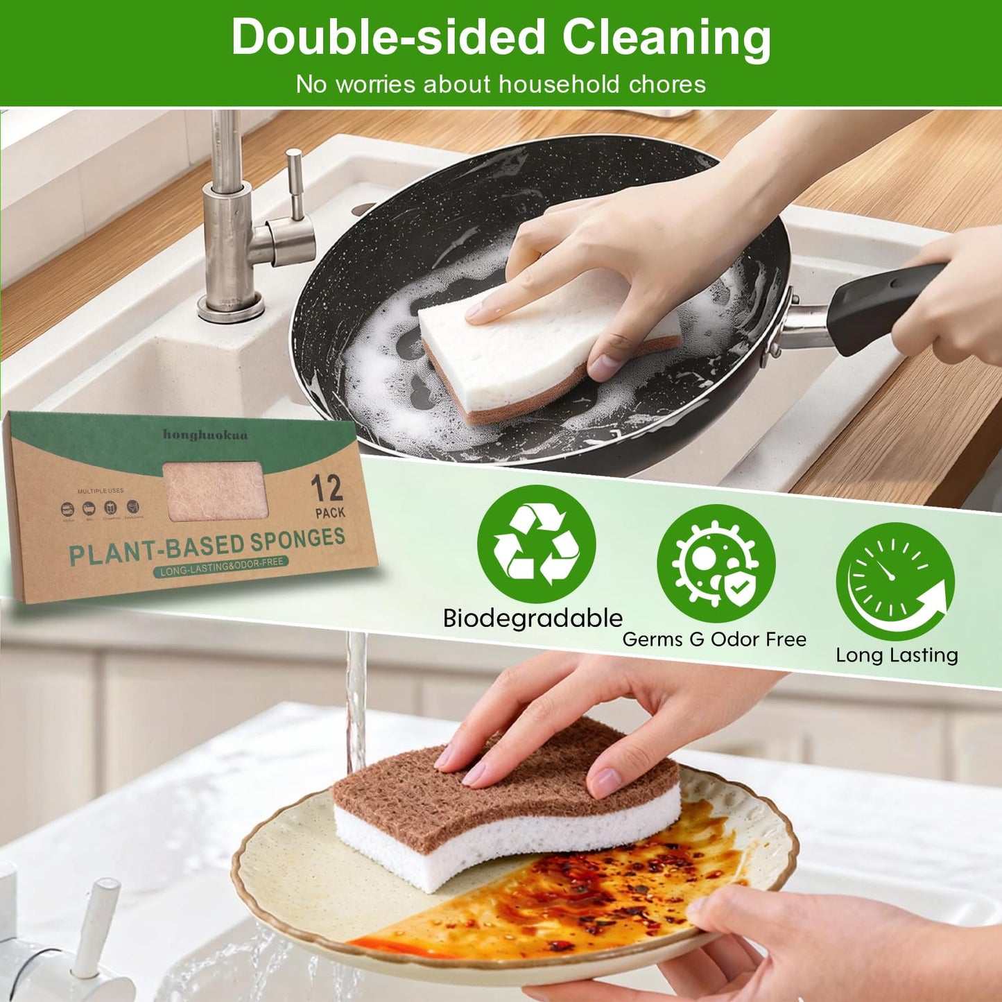 Sponges Kitchen - 12-Pack, Natural sponges for Dishes S-Shaped Dual-Layer for Pots, Pans, Tableware, Durable & Comfortable Grip for Everyday Cleaning