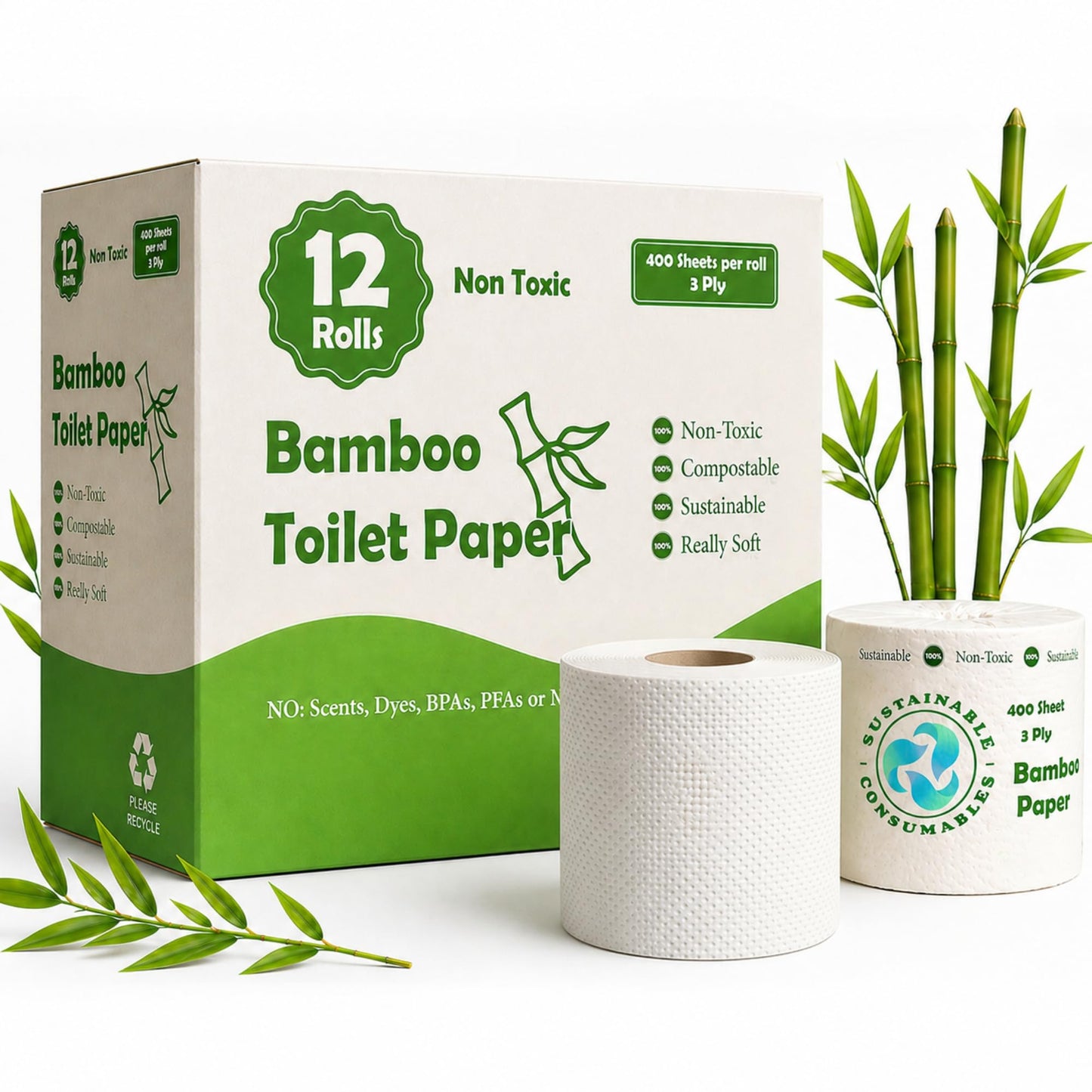 12 Rolls 100% Bamboo Toilet Paper, 3-Ply 400 Sheets | Healthy Tree Free Tissue | FSC Certified, Septic Safe, PFAS Free, Plastic Free Packaging