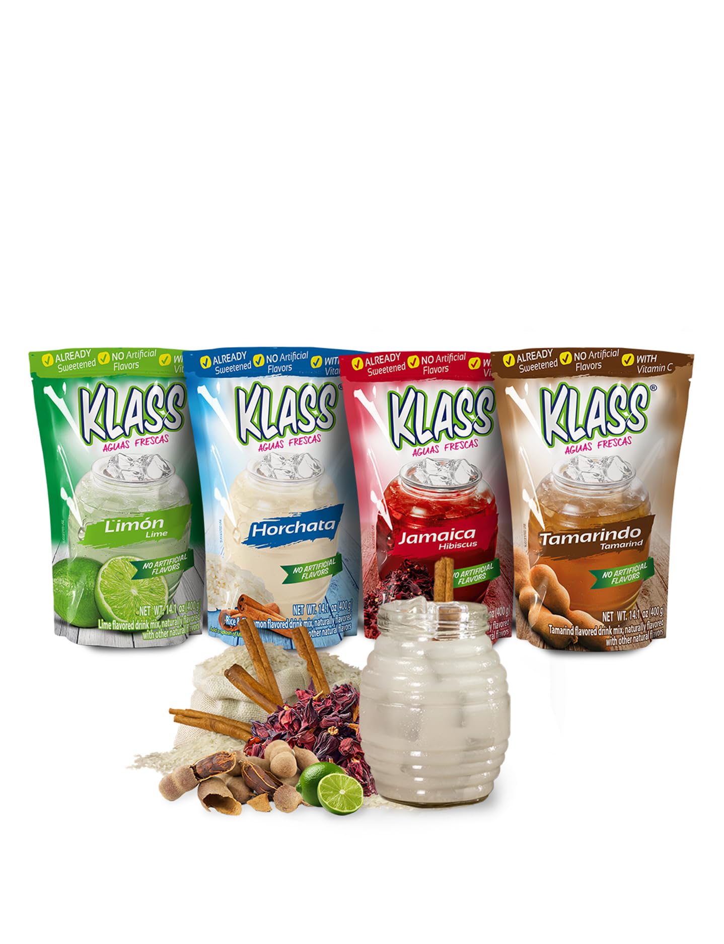 Klass Aguas Frescas Drink Mix Mexican Variety Pack - Horchata Limeade Hibiscus & Tamarind - Powder Drink Mix, Water Drink Mix with Natural Flavors