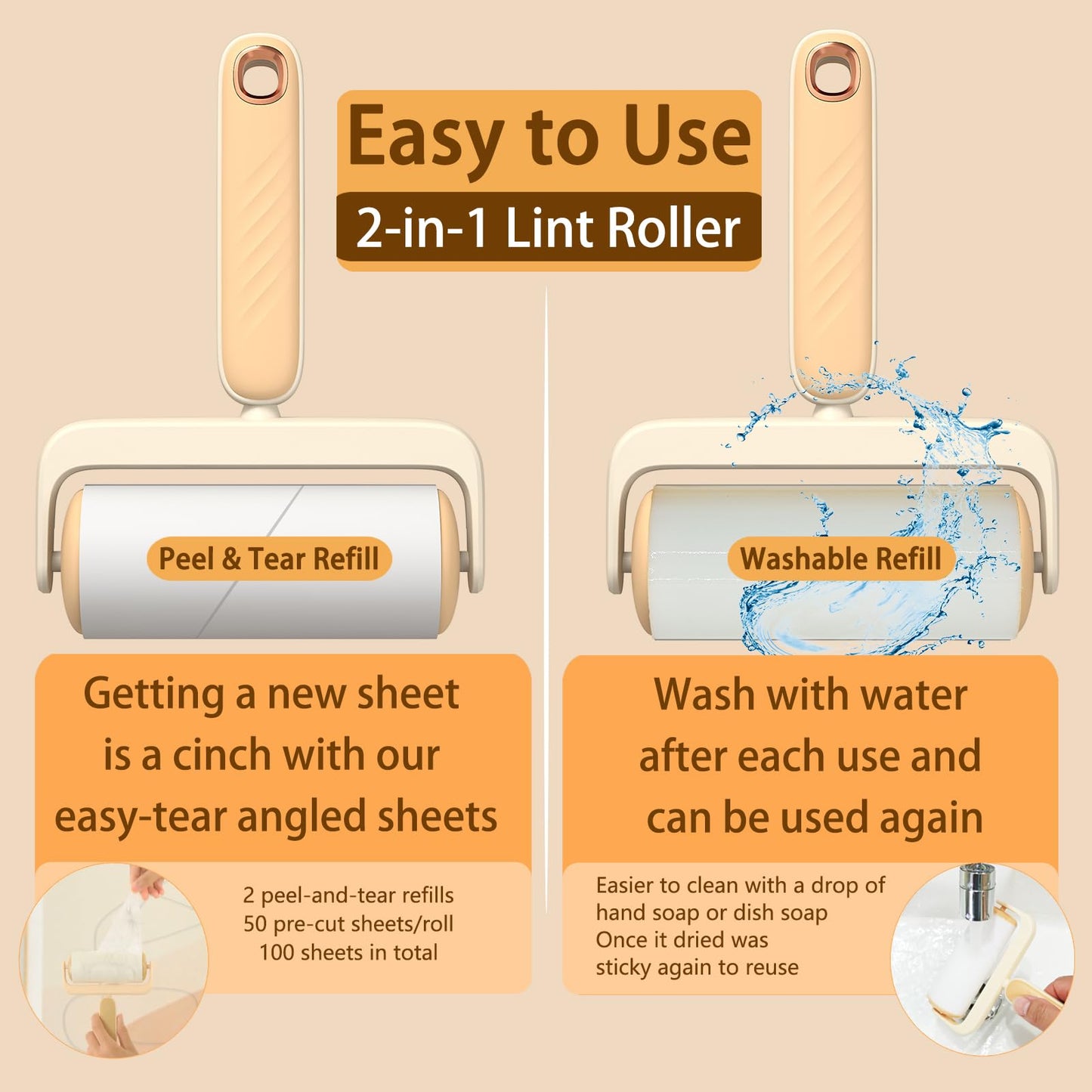 2-in-1 Lint Roller for Pet Hair, Washable Reusable Lint Rollers Value Set, Dog Cat Pet Hair Remover Cleaner for Clothes, Sofa, Couch & Carpet