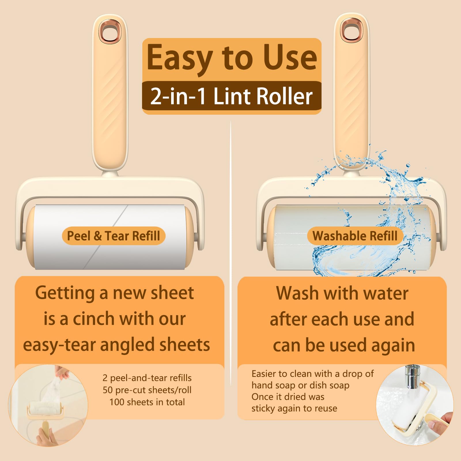 2-in-1 Lint Roller for Pet Hair, Washable Reusable Lint Rollers Value Set, Dog Cat Pet Hair Remover Cleaner for Clothes, Sofa, Couch & Carpet