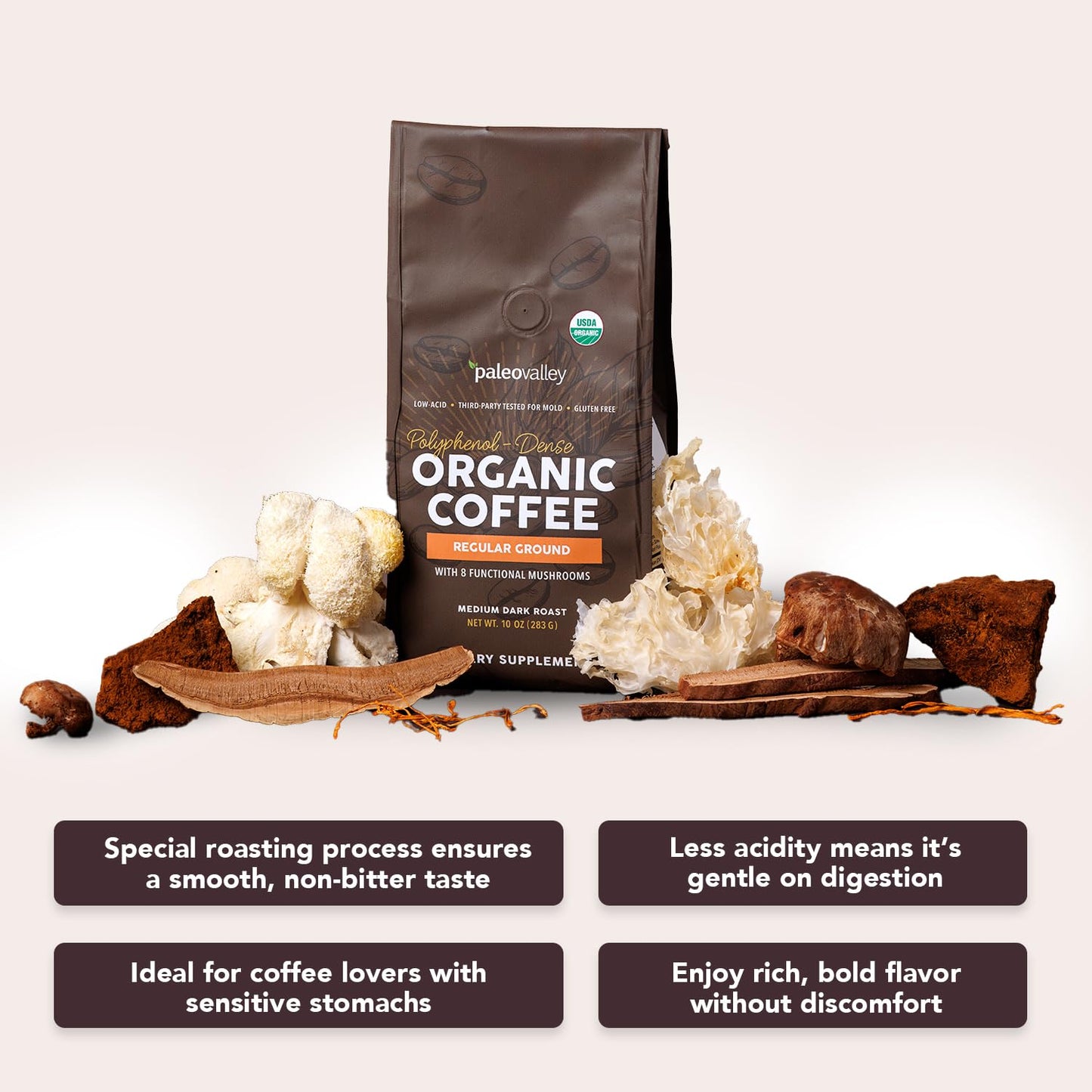 Paleovalley Organic Ground Coffee, 10oz - Regular, Low Acid, Single-Origin, Polyphenol-Rich, Infused with Mushrooms