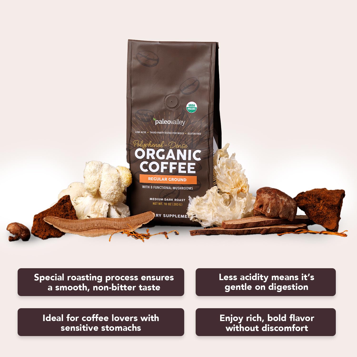 Paleovalley Organic Ground Coffee, 10oz - Regular, Low Acid, Single-Origin, Polyphenol-Rich, Infused with Mushrooms
