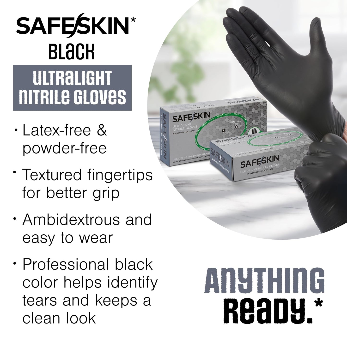 SAFESKIN Ultralight Disposable Nitrile Gloves - 2.0 Mil, Black, Large, 100 Count - Powder Free, Latex Free, All Purpose, Food Prep, Cooking, General