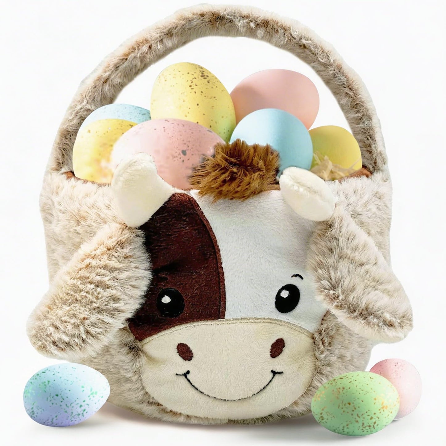 Easter Basket, Cute Cow Plush Baskets, Easter Egg Hunt Buckets, Easter Decorations Indoor Outdoor, Cute Easter Gifts for Kids, Adults, Teens