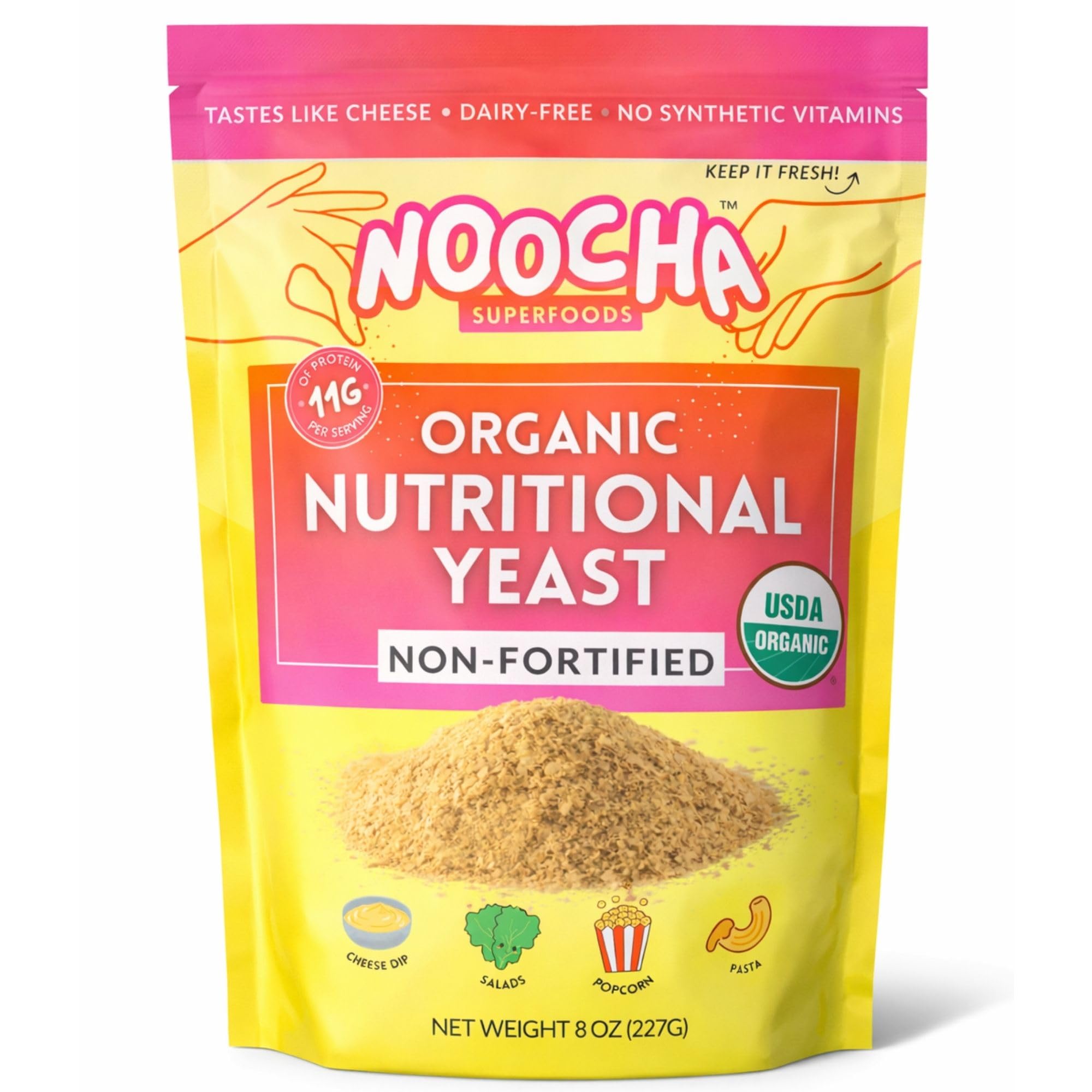 NOOCHA Organic Nutritional Yeast Flakes - Non-Fortified, Vegan Cheese Seasoning, Dairy-Free, Gluten-Free, High Protein Savory Sprinkle for Popcorn