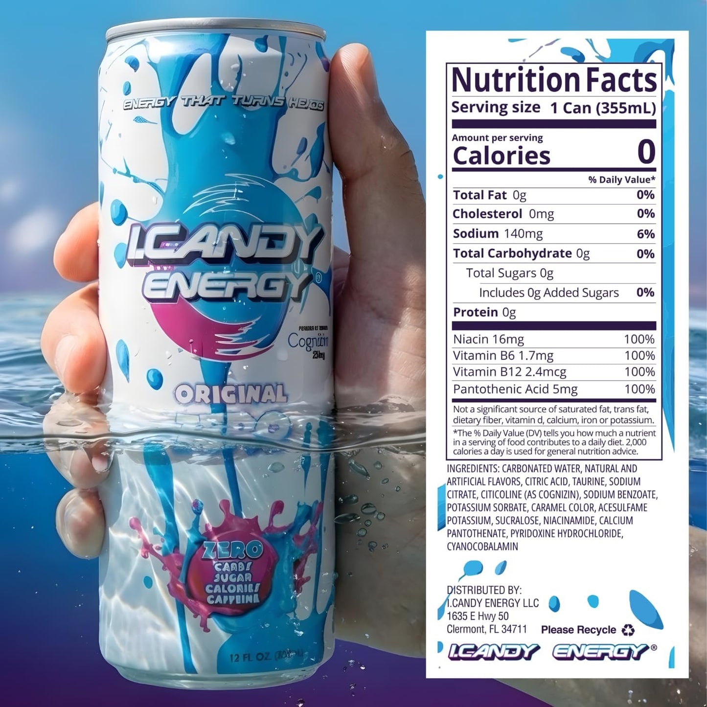 I.CANDY ZERO Energy Drink Caffeine Free, Sugar Free Energy Drinks 12 Pack 12 oz Cans, Zero Sugar Zero Calorie, 250mg Cognizin Citicoline, No Caffeine