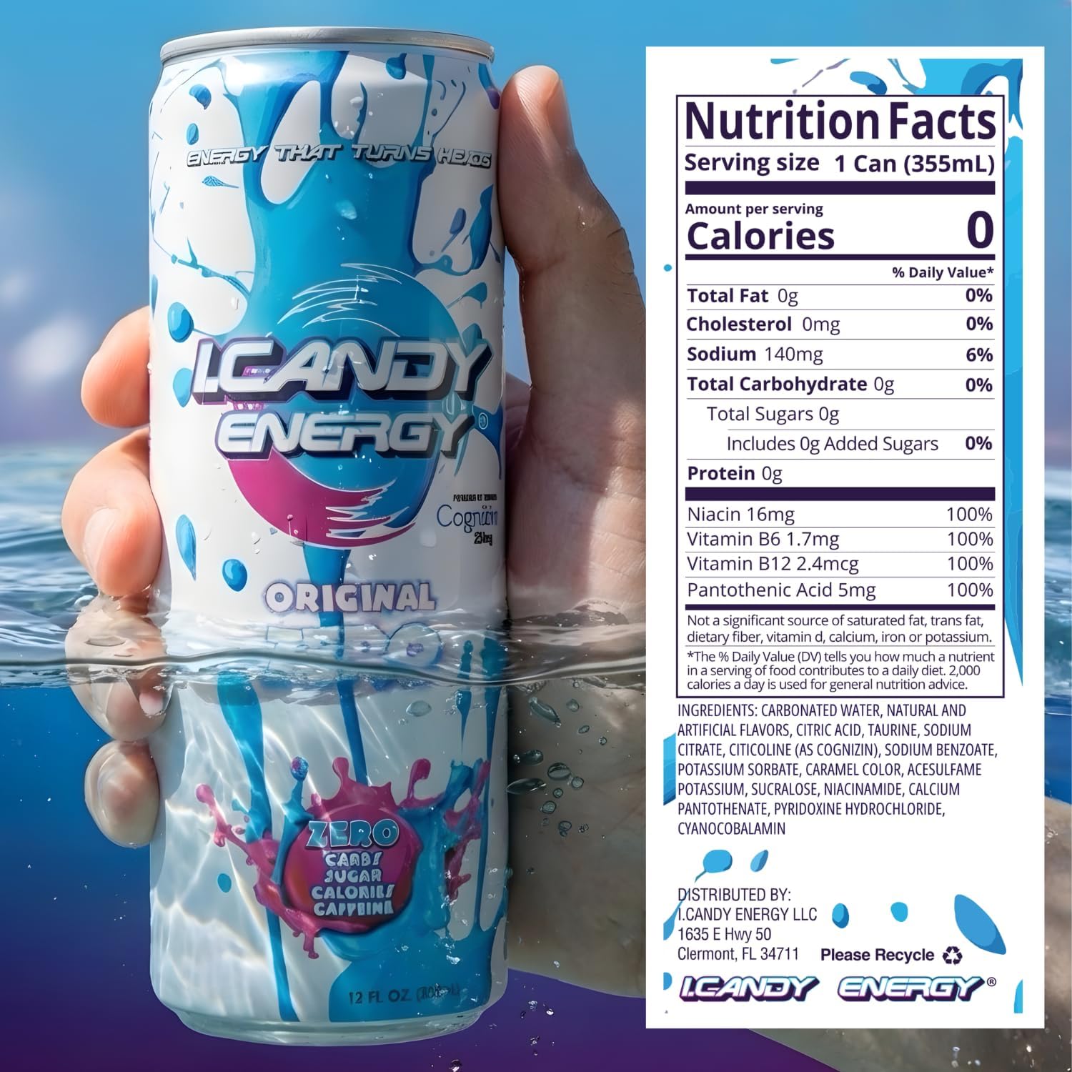 I.CANDY ZERO Energy Drink Caffeine Free, Sugar Free Energy Drinks 12 Pack 12 oz Cans, Zero Sugar Zero Calorie, 250mg Cognizin Citicoline, No Caffeine
