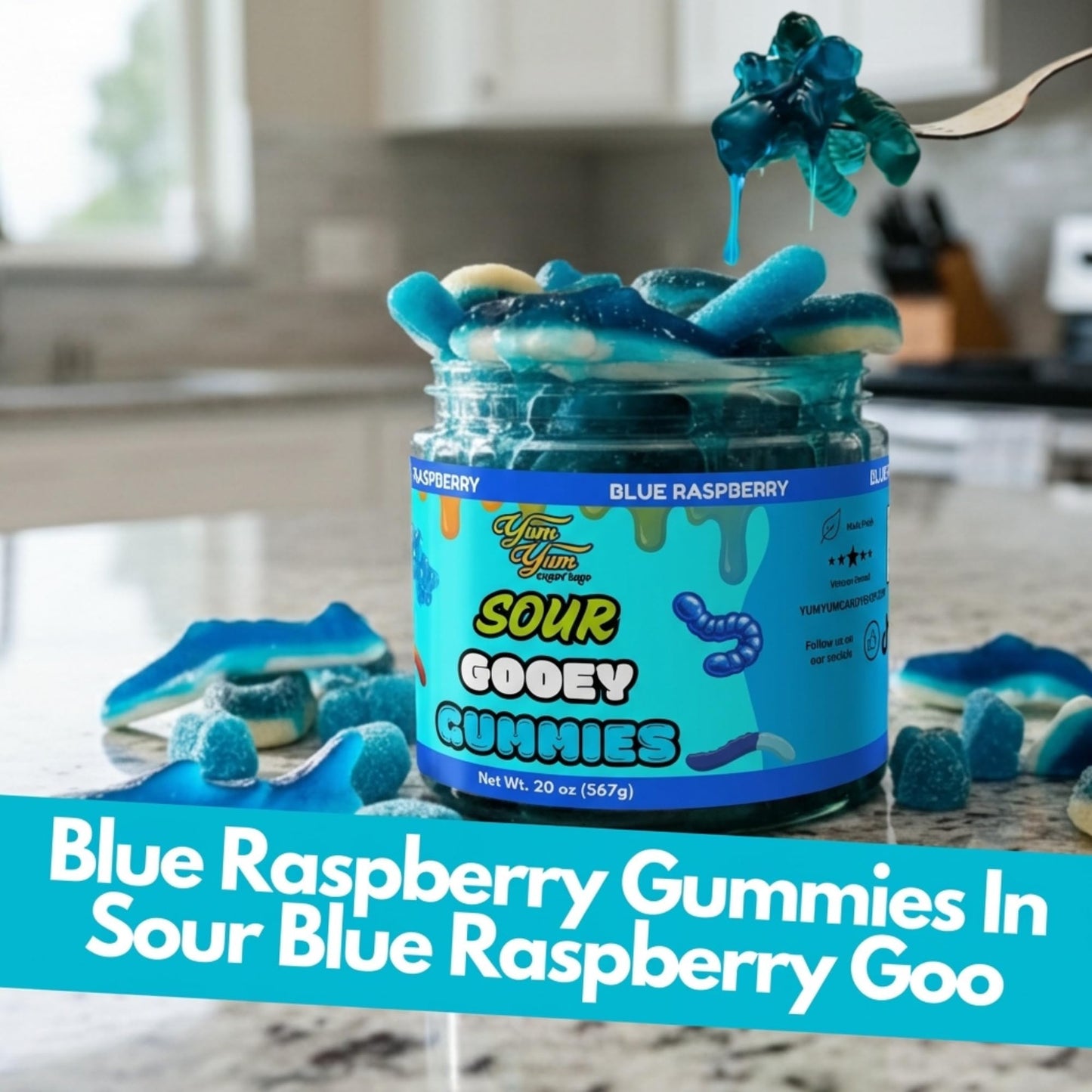 Sour Gooey Gummies, Sour Blue Raspberry Candy, Gummy Candy Mix, Ooze Sticky Gummies, Liquid Chewy Sweet Treat Resealable Container