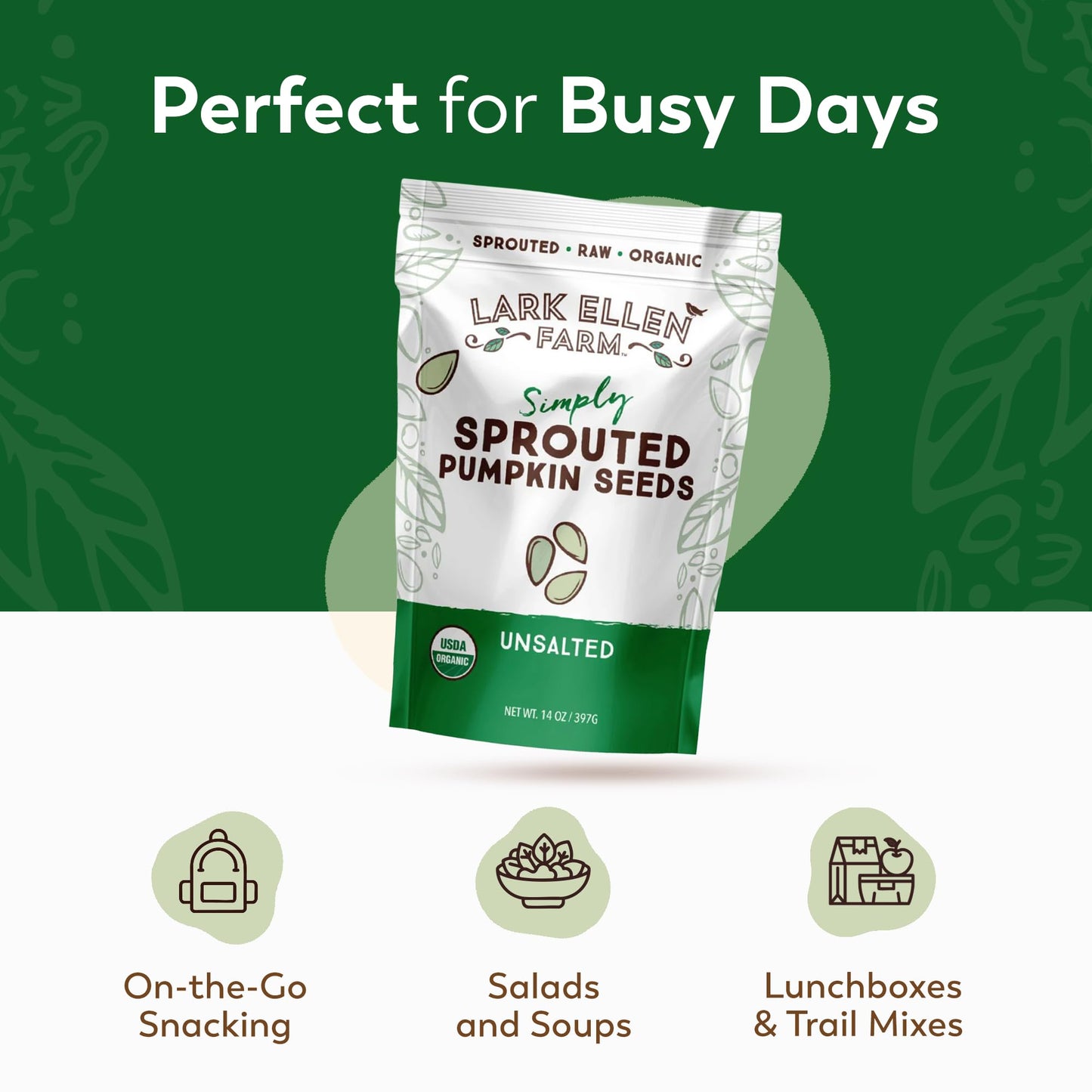 Lark Ellen Farm Sprouted Organic Pumpkin Seeds - Raw, Unsalted, Air-Dried Pepitas for Snacking, Salads, Trail Mix - USDA Organic, Non-GMO, Vegan