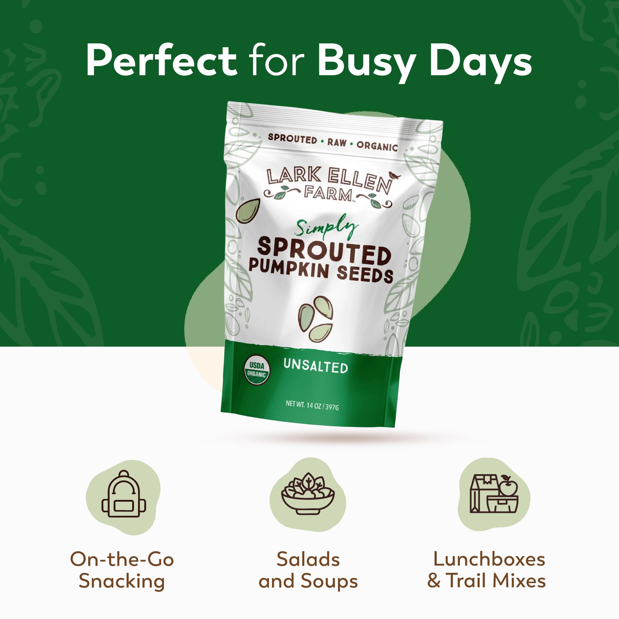 Lark Ellen Farm Sprouted Organic Pumpkin Seeds - Raw, Unsalted, Air-Dried Pepitas for Snacking, Salads, Trail Mix - USDA Organic, Non-GMO, Vegan