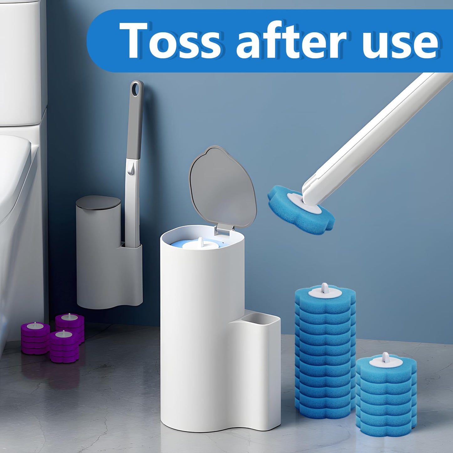2 Pack Disposable Toilet Brush and Holder Set, Disposable Toilet Cleaning System Extended Handle with 48 Toilet Wand Refills, Toilet Brush for Toilet