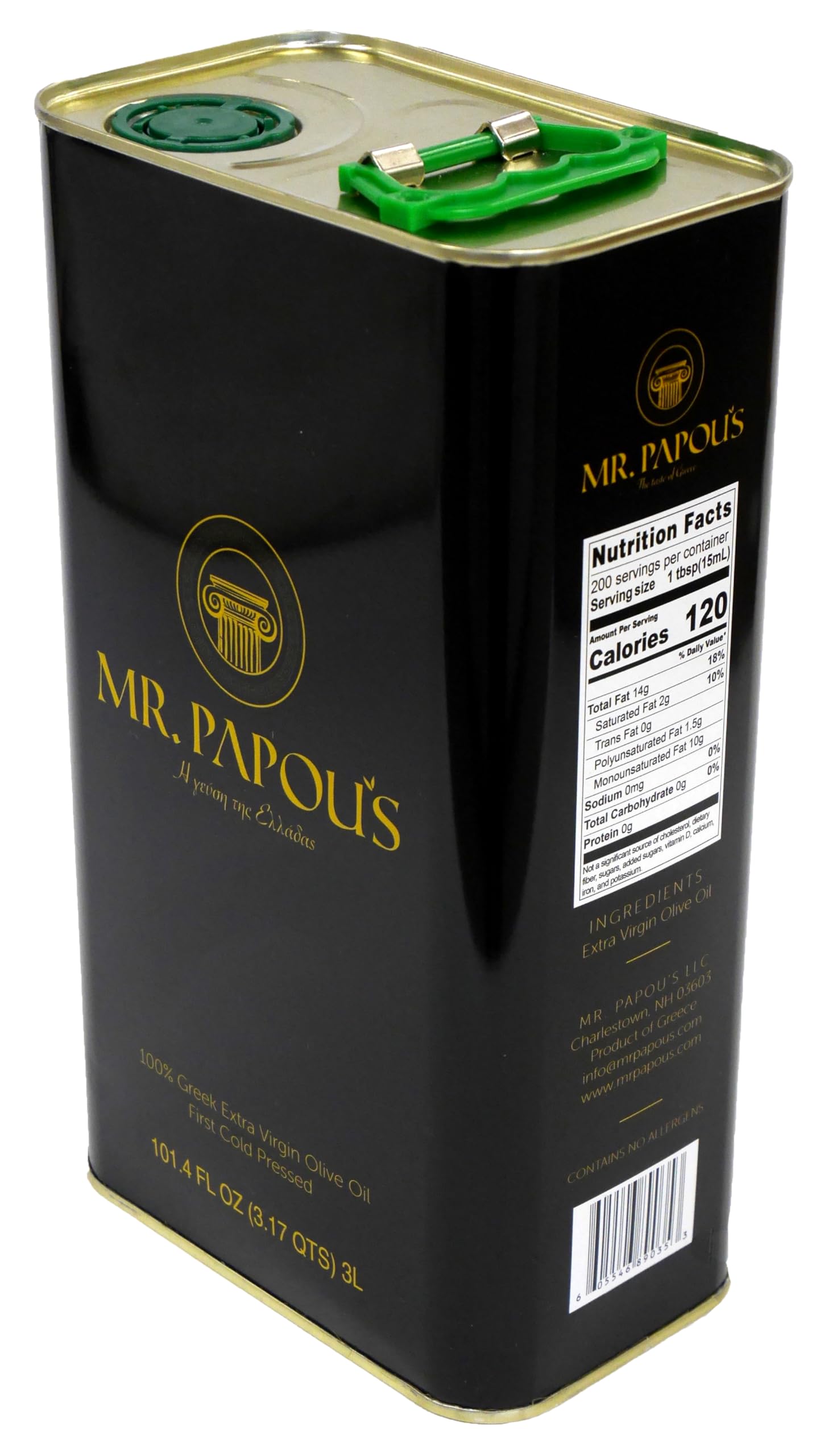 Mr. Papou's Authentic Greek Extra Virgin Olive Oil - High Polyphenols, First Cold Pressed, Family Owned, Single Origin, Harvested in Greece - 3 Liter (101.4 fl oz)