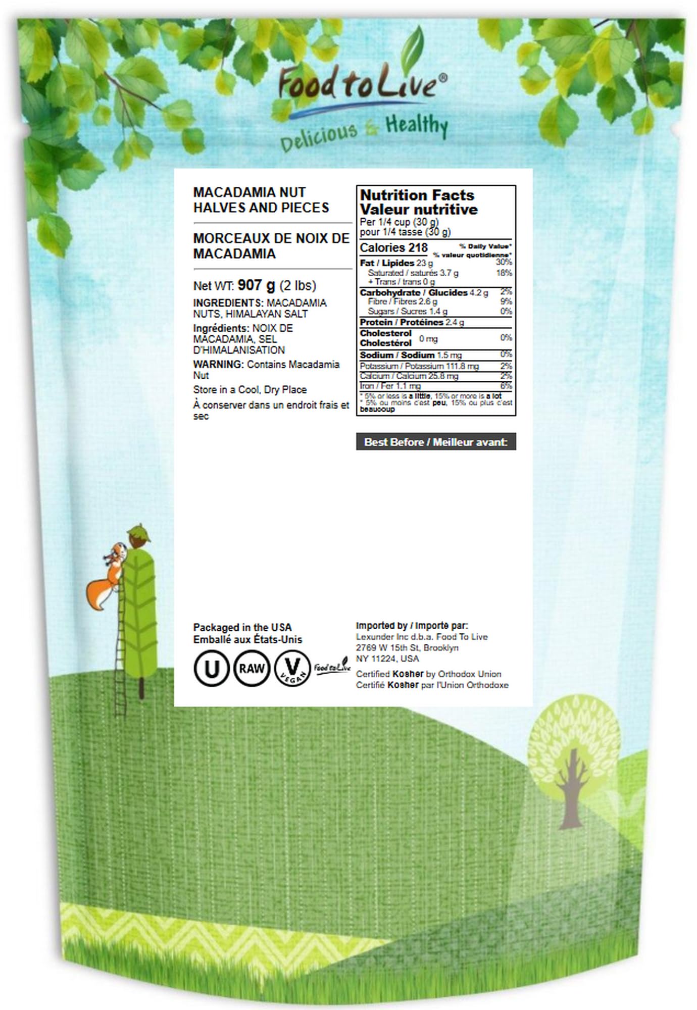 Food to Live Macadamia Nut Halves & Pieces, 2 Pounds - Raw, Shelled, Unsalted, Kosher, Vegan, Bulk. Keto Snack. Good Source of Healthy Fats. Great