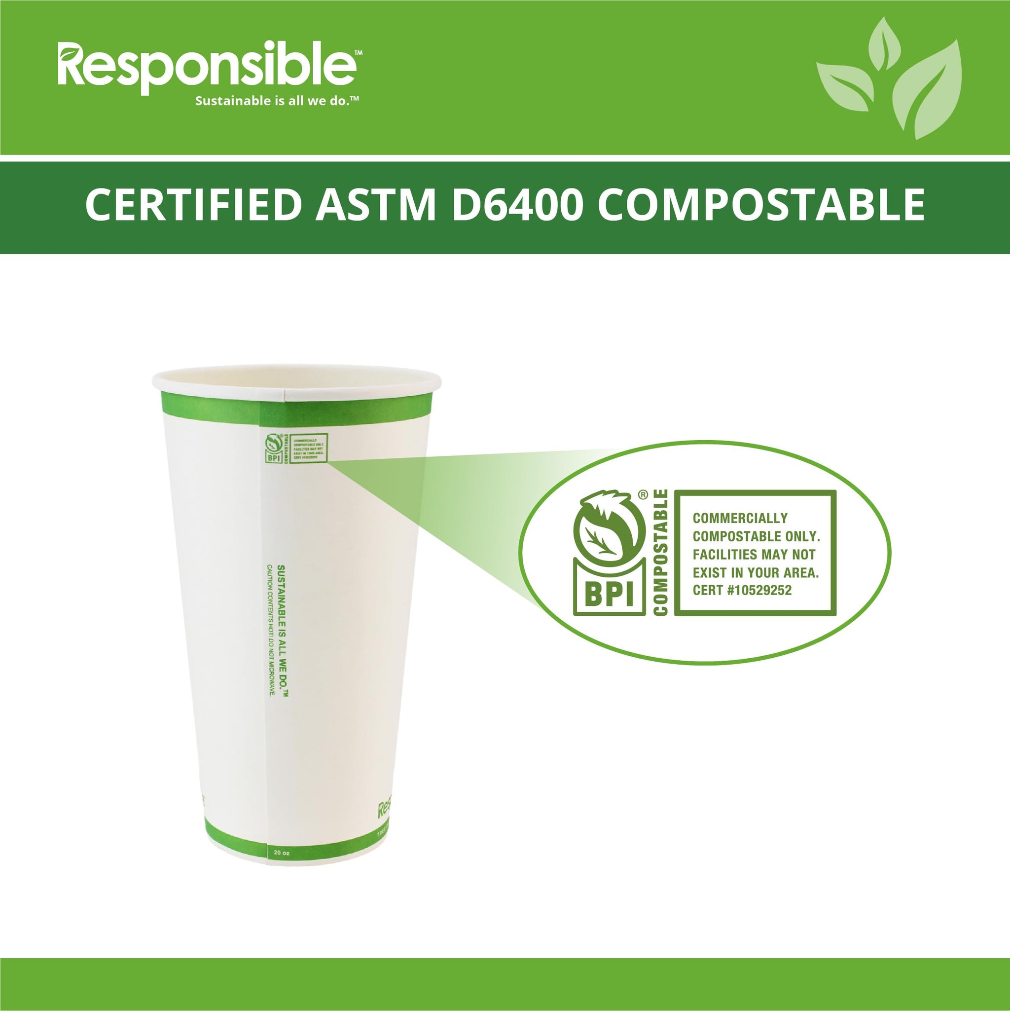 Responsible Products Certified Compostable 20 oz Paper Cups, Cold ? Hot Coffee Cups, Disposable Paper Cups, Extra Strength Disposable Cups, Made