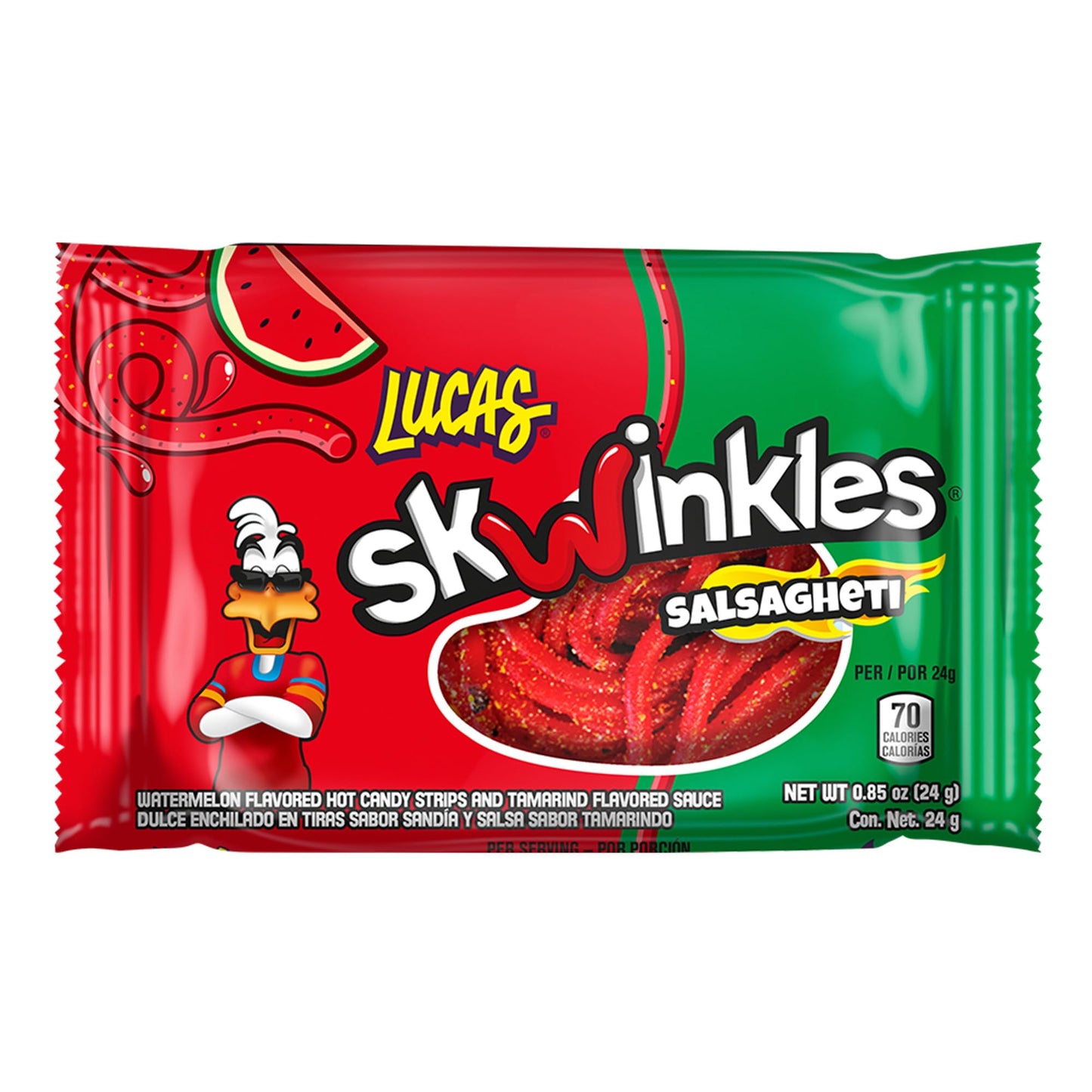 Lucas Salsagheti Watermelon Flavored Sweet & Hot Candy Strips and Tamarind Flavored Sauce, 0.84 oz - 12 Pieces Pack for Treats, Snack, Parties
