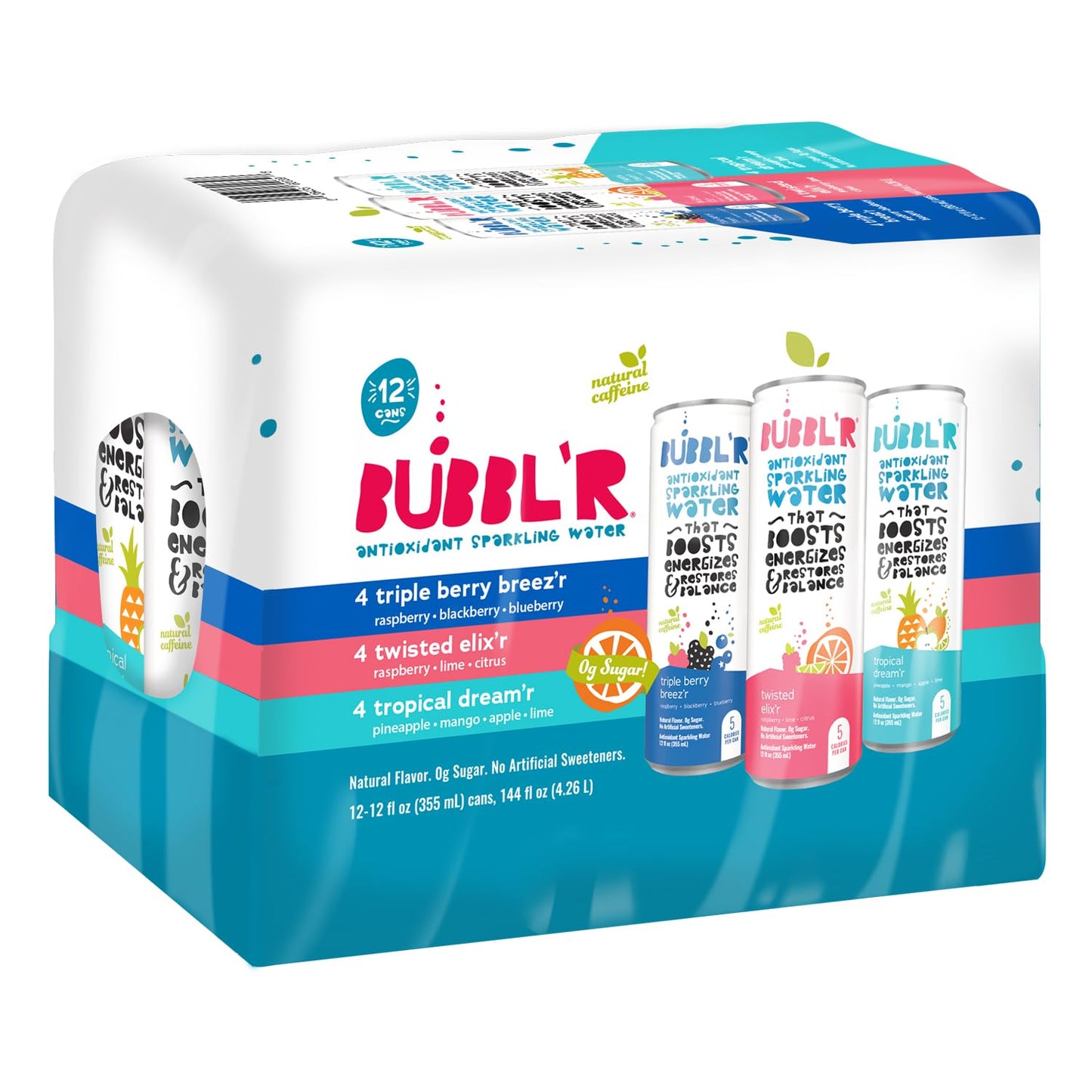 BUBBL'R Sparkling Water, 3 Flavors with Natural Caffeine, triple berry breez'r, twisted elix'r, tropical dream'r, Antioxidants, 0 Sugar - 12 Fl Oz