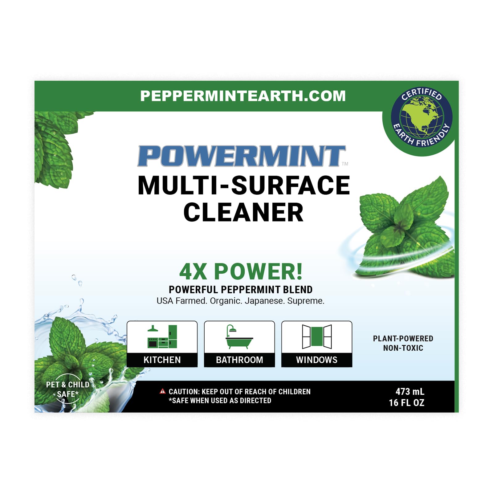 Powermint Multi-Surface Cleaner, Natural Peppermint Scent, Non-Toxic Spray for Home, Kitchen, Bathroom, 16 Oz