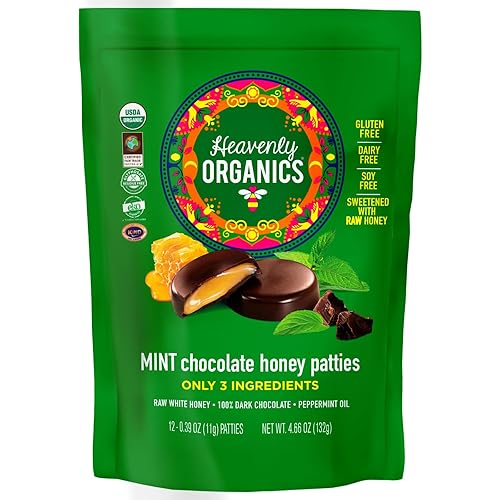 Heavenly Organics Mint Chocolate Honey Patties, 1 Bag- 12 single/bag Made with 100% Organic Cocoa and 100% Organic Raw White Honey; Non-GMO, Fair
