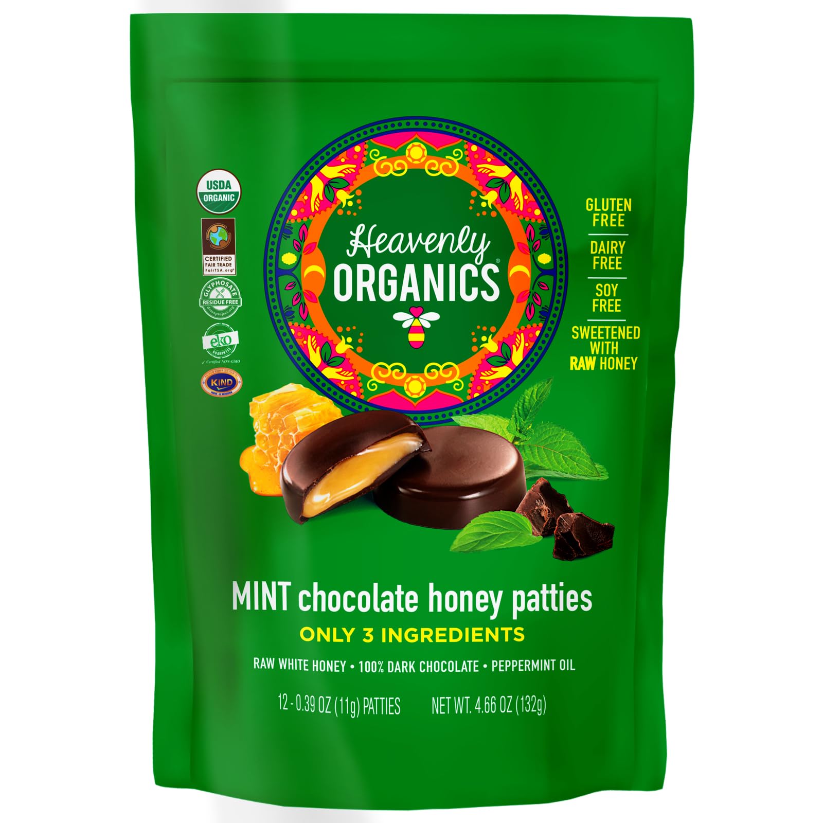Heavenly Organics Mint Chocolate Honey Patties, 1 Bag- 12 single/bag Made with 100% Organic Cocoa and 100% Organic Raw White Honey; Non-GMO, Fair