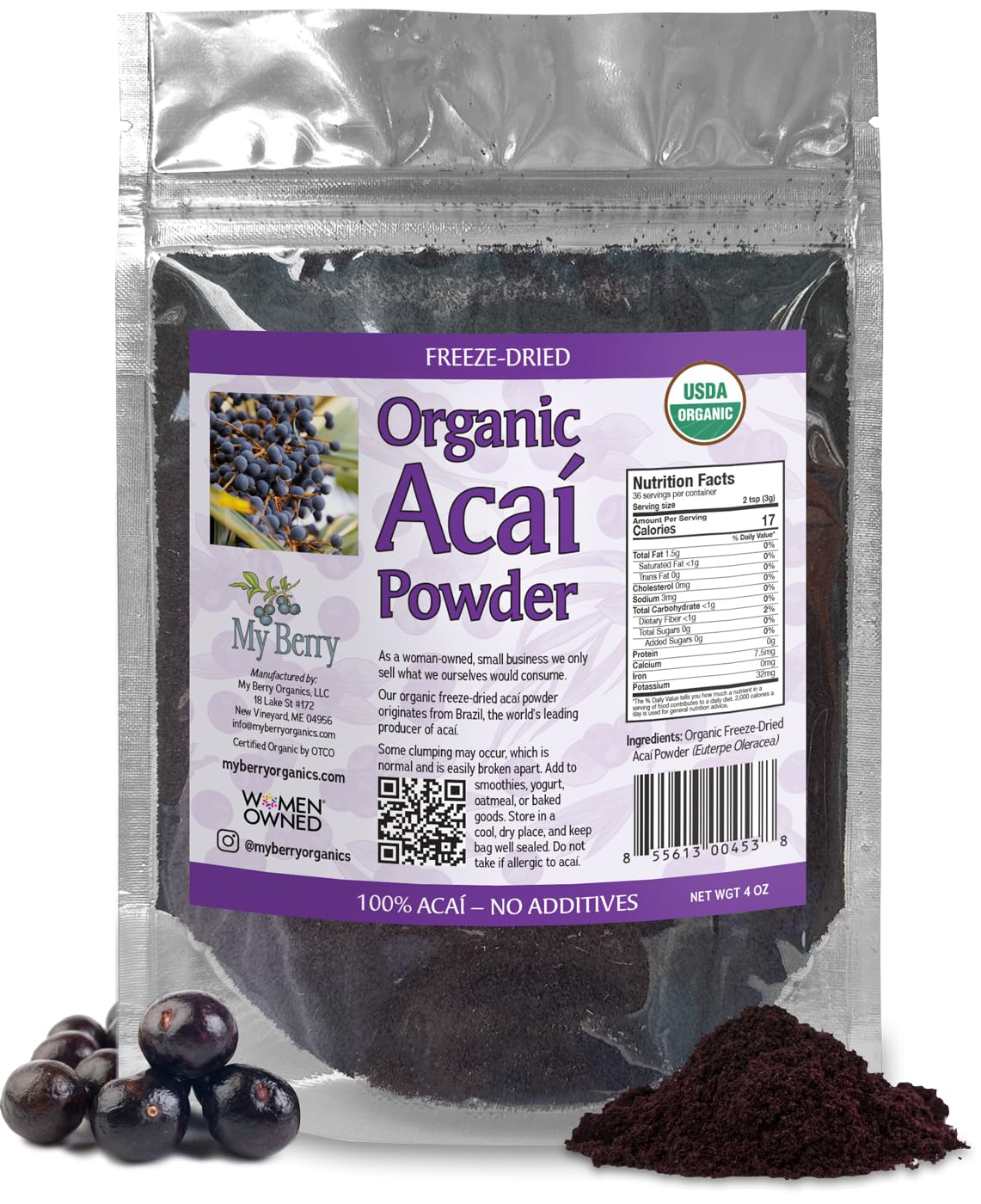 My Berry Organic Acai Berry Powder Freeze-Dried | 4oz | 100% Acai- No Additives