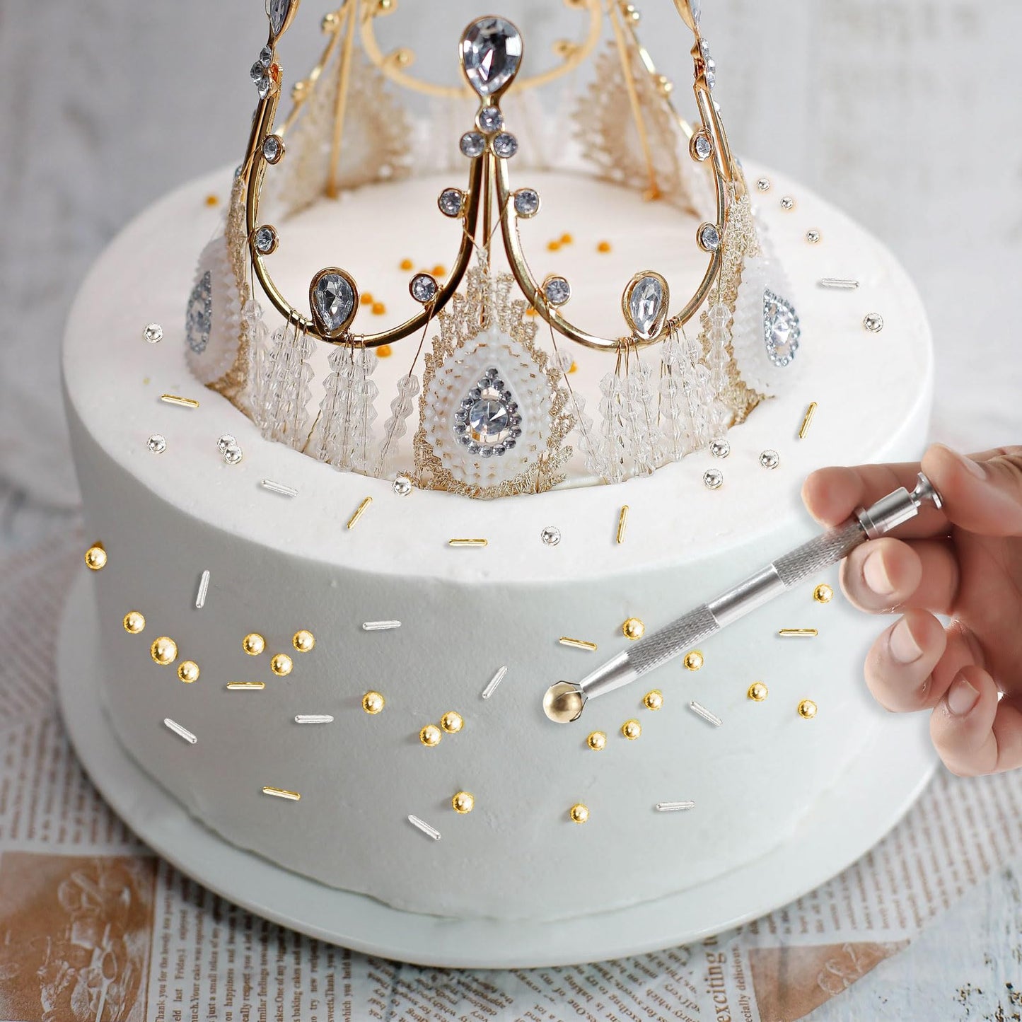 Kasvan Gold and Silver Sugar Sprinkles - Edible Candy Pearls with 4-Claw Sprinkle Pen,8.32Oz, Gift Box Pack, Baking Cake Decorations, Ice Cream