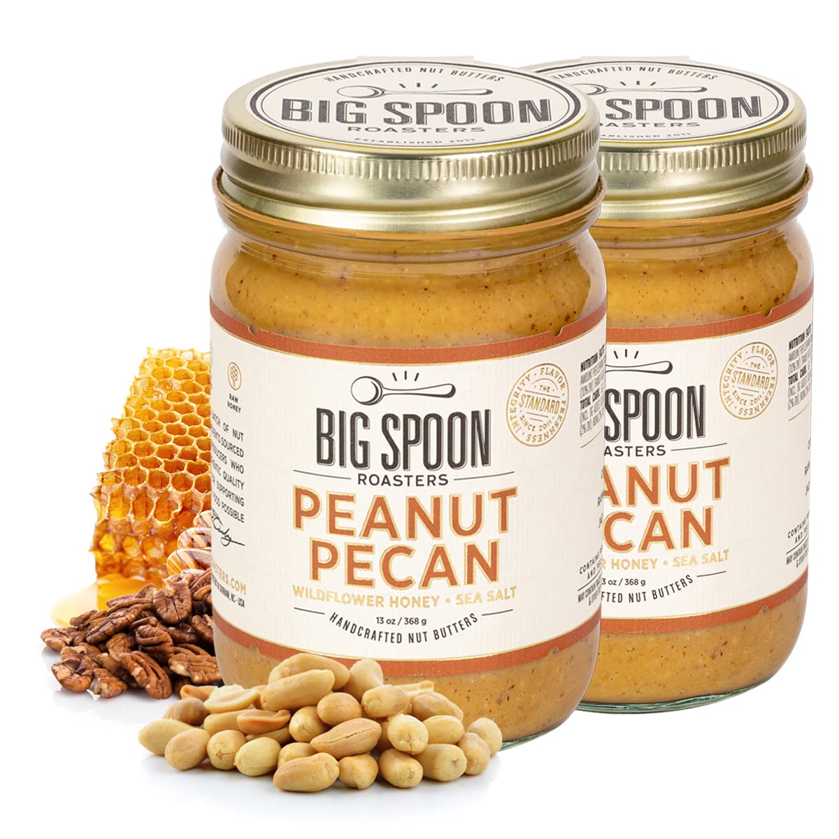 Big Spoon Roasters Peanut Pecan Butter w/ Organic Wildflower Honey & Sea Salt - Raw Honey Low Sugar Peanut Butter - Creamy Peanut Butter with Pecans
