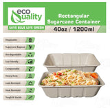 EcoQuality 40oz Disposable Bowls - Rectangular Compostable Sugarcane Fiber Biodegradable Paper Bowls Eco-Friendly Oblong Take Out Food Containers