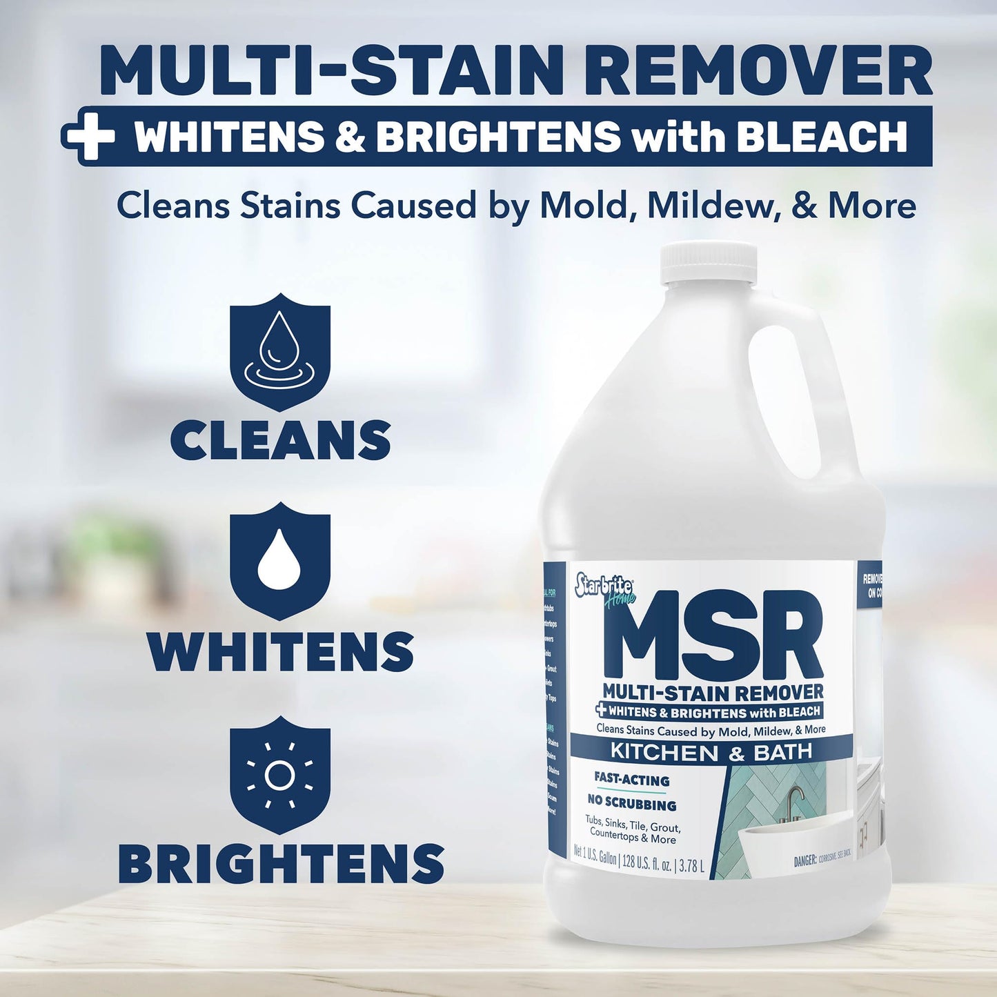 STAR BRITE Home MSR Multi-Stain Remover with Bleach - Fast-Acting Cleaner for Kitchen & Bath - Whitens, Brightens and Removes Mildew Stains and Scum