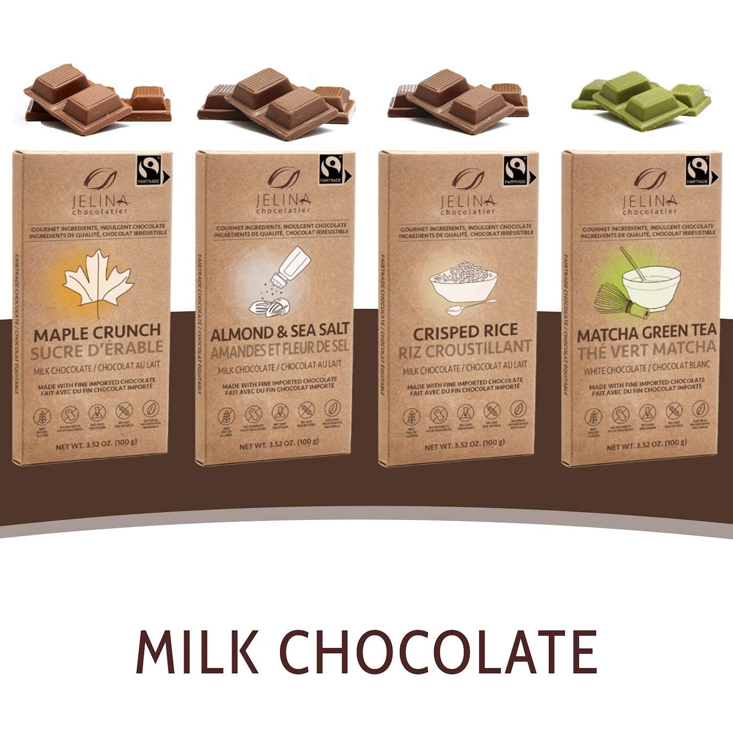 Jelina Chocolatier | 8 Pack Milk Chocolate Bar with Maple Crunch | Fair Trade Chocolate | Imported, Non-GMO, Natural Chocolates - 3.52 Ounce Each
