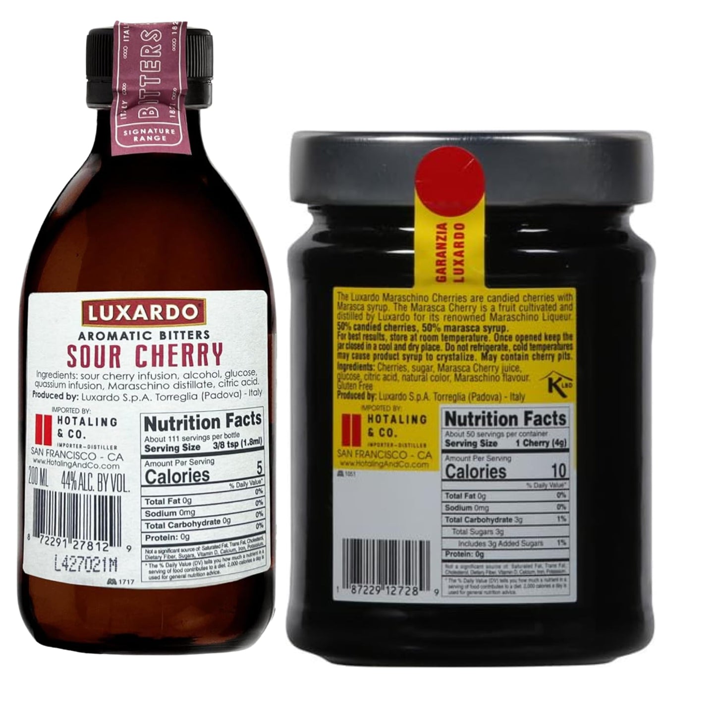 Luxardo Maraschino Cherry 400g & Sour Cherry Aromatic Bitters 200mL Variety Pack | Premium Cocktail Bitters Set for Classics & Craft Drinks