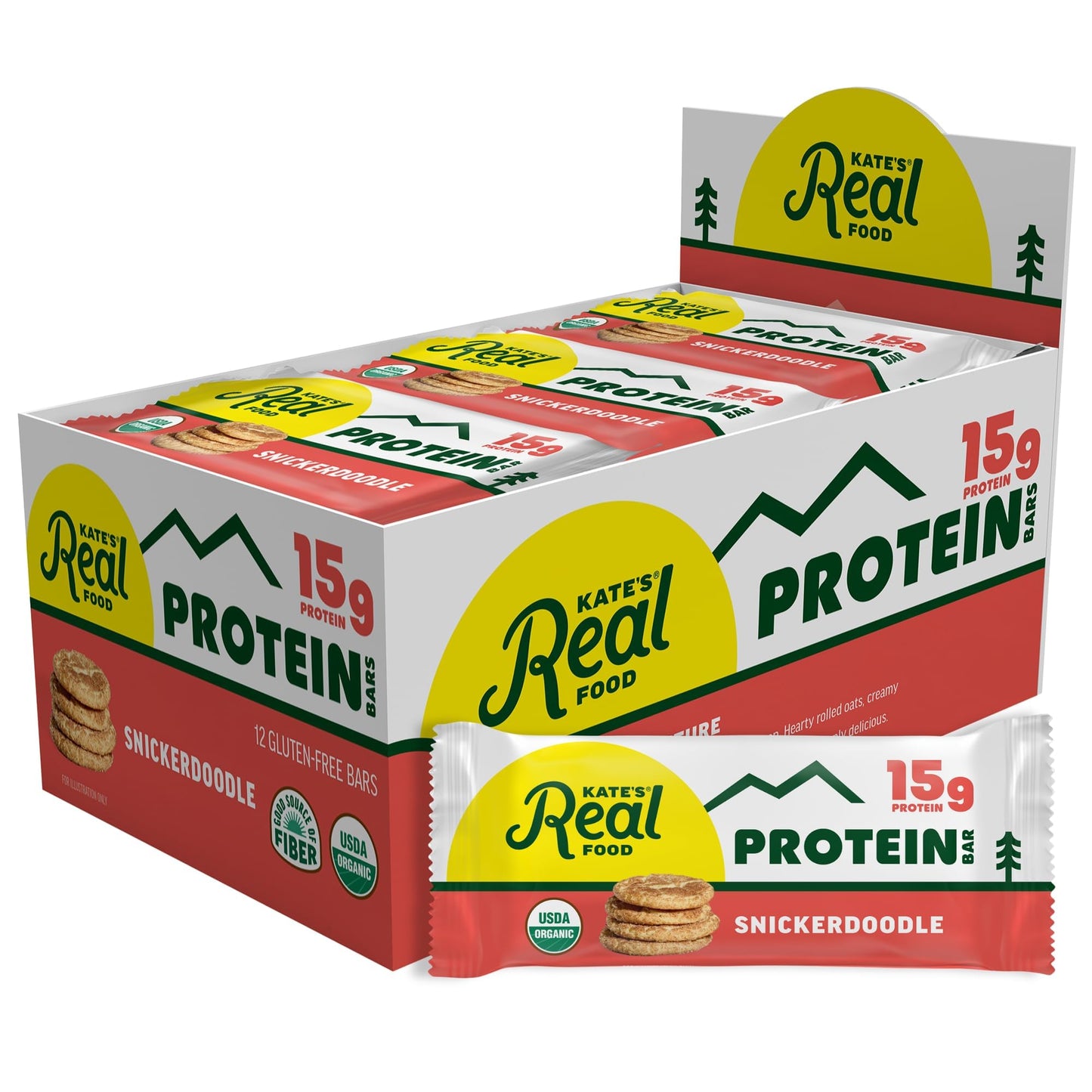 Kate’s Real Food Organic Protein Bars - (Snickerdoodle, 2.2 oz, Pack of 12) - Plant Based Protein Bars - Gluten Free, Soy Free, Non GMO, Whole Grains