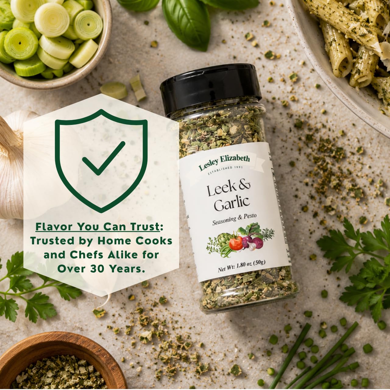 Lesley Elizabeth Leek & Garlic Seasoning & Pesto - All-Natural Herb & Garlic Blend for Chicken, Pasta, Vegetables & Sandwiches | Gourmet All-Purpose