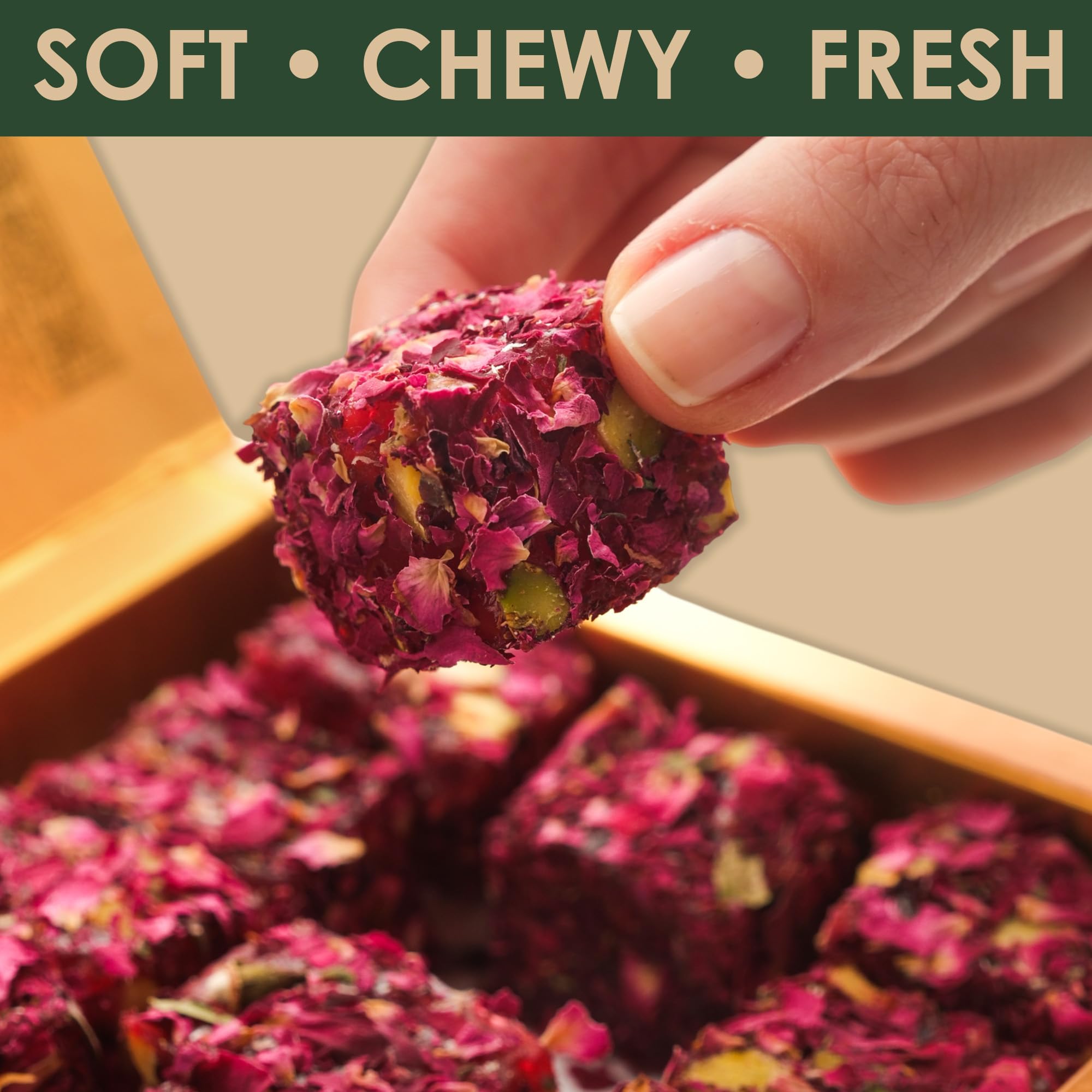 Turkish Delight with Rose Petals and Pistachio - Soft Lokum Candy, Gourmet Turkish Sweets Gift Box, Delicias Turcas, 17.6 oz (500g)