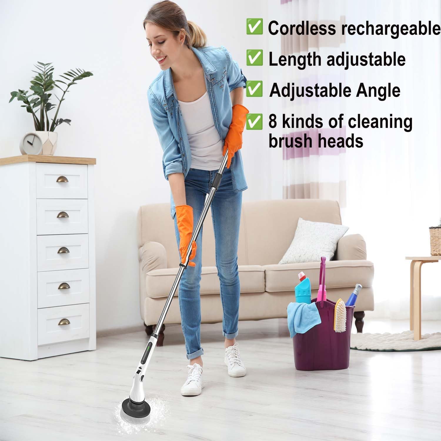 Electric Spin Scrubber, 8 in 1 Electric Cleaning Brush, Cordless Rechargeable Scrub Brush with 8 Replaceable Brush Heads, Adjustable Length and Angle