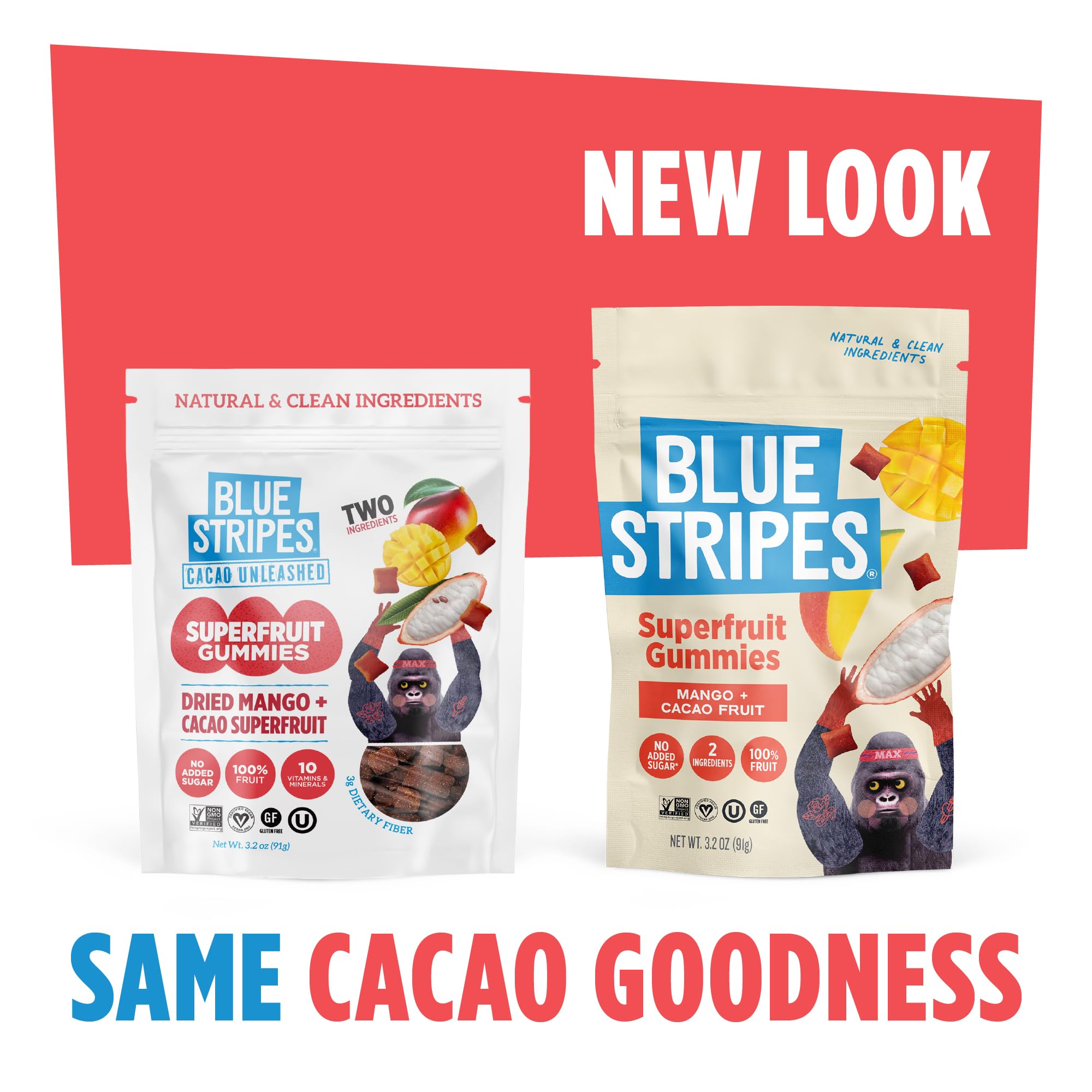 Blue Stripes Cacao Superfruit Gummies - Vegan Chewy Fruity Snack, No Sugar Added 100% Fruit Gummy, 9 Essential Vitamins & Minerals, Natural Tropical